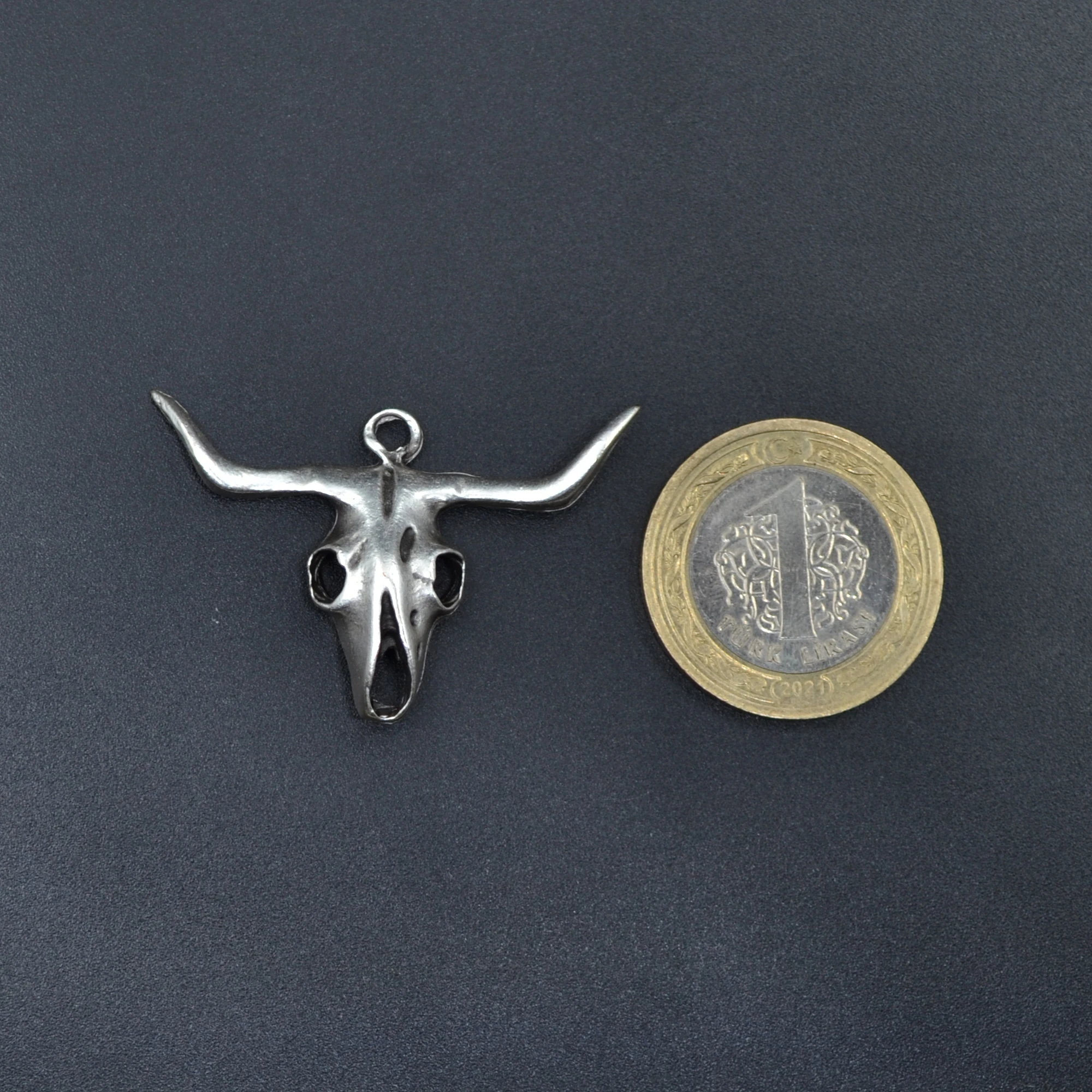 Boğa - Kuru Kafa Kolye - Gümüş ( Silver ) Renk - 60 cm Örme Zincir Kolye