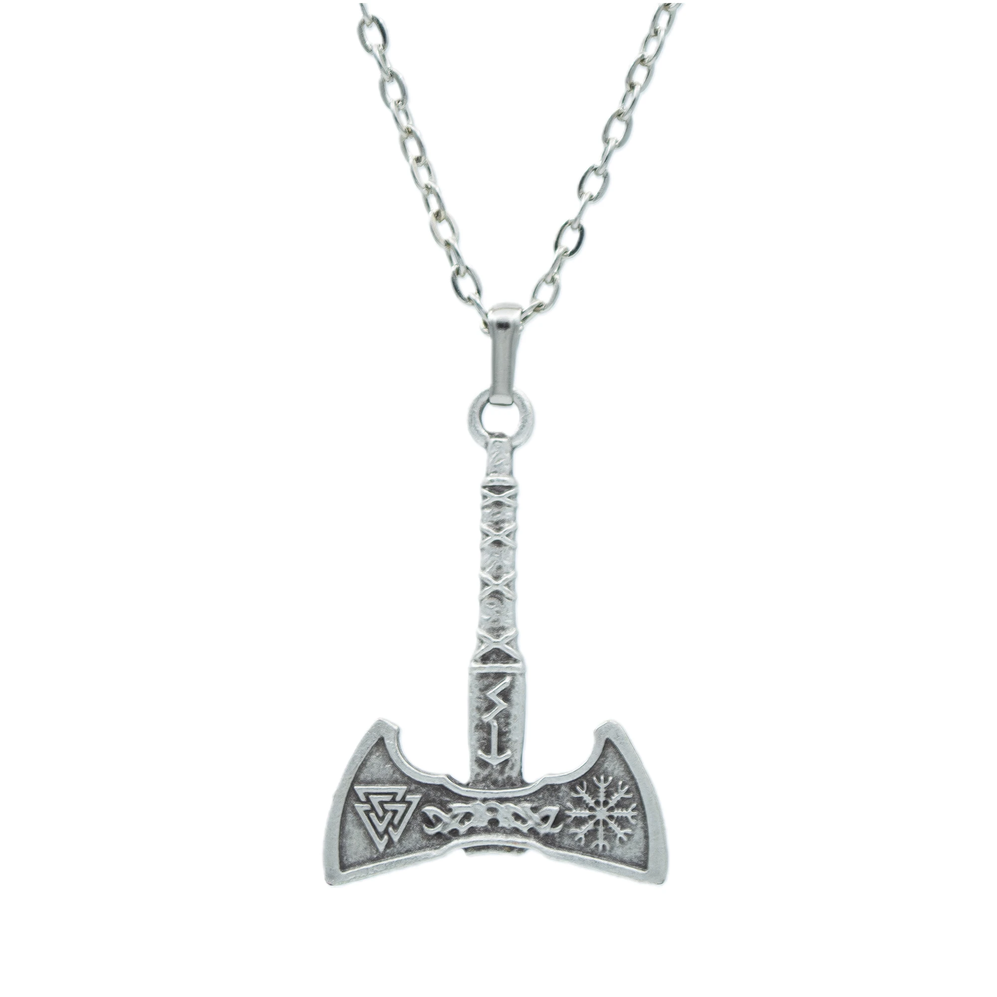 Viking Run Sembol Balta Kolye - Gümüş ( Silver ) Renk - 60 cm Düz Ezme Zincir Kolye