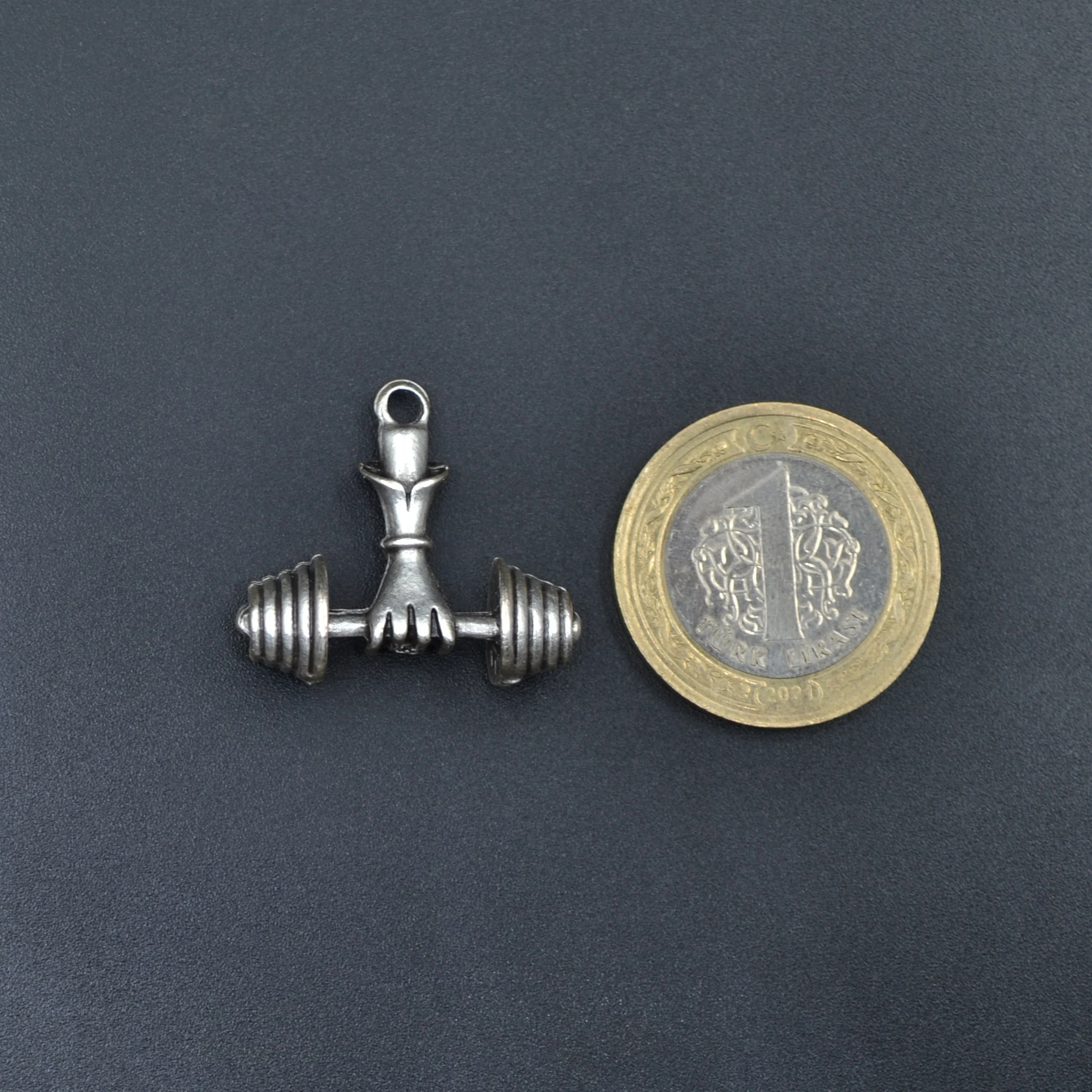 Sporcu Halter - Dambıl Kolye - Gümüş ( Silver ) Renk - 60 cm Deri İp Kolye