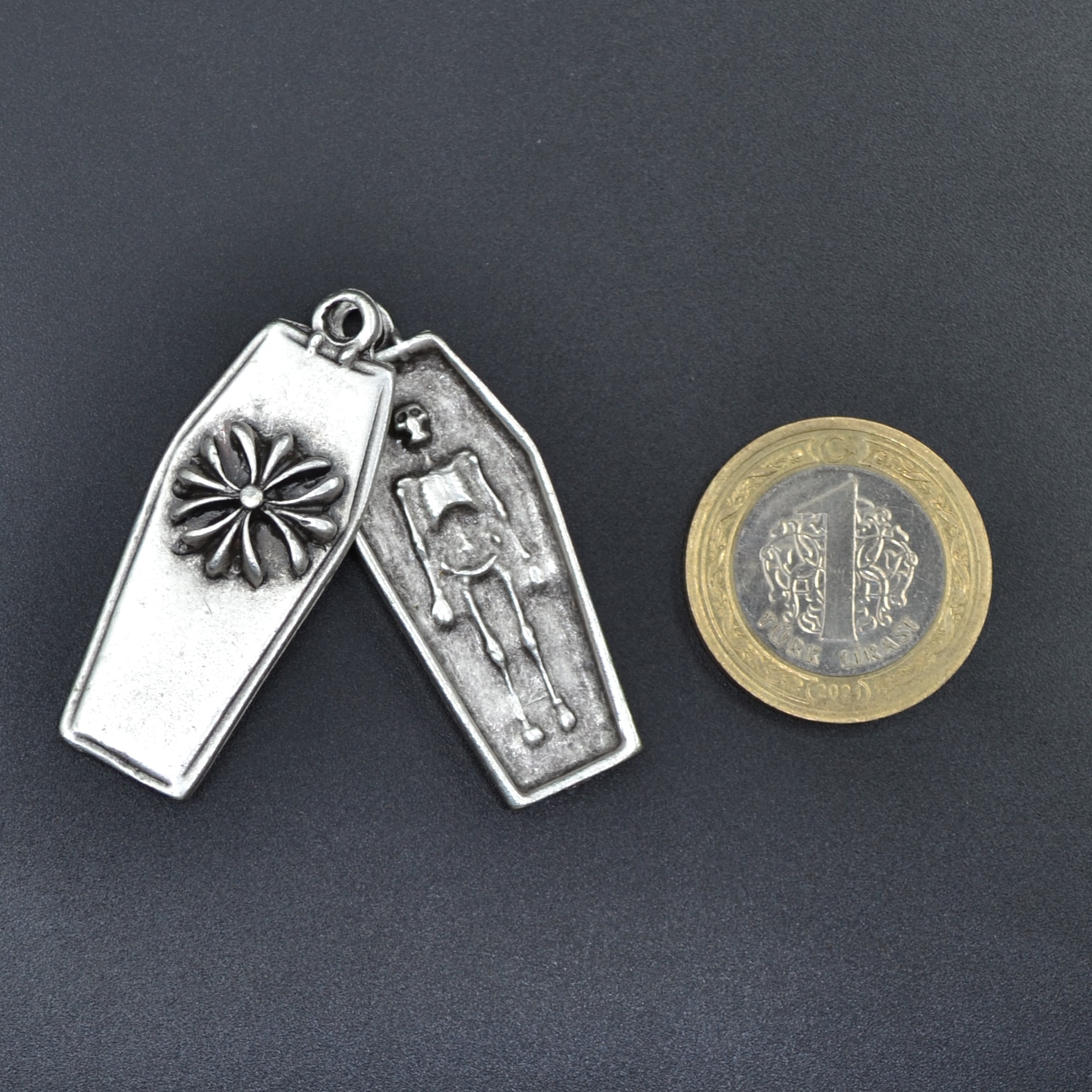 Tabut - İskelet Kolye - Gümüş ( Silver ) Renk - 60 cm Düz Ezme Zincir Kolye