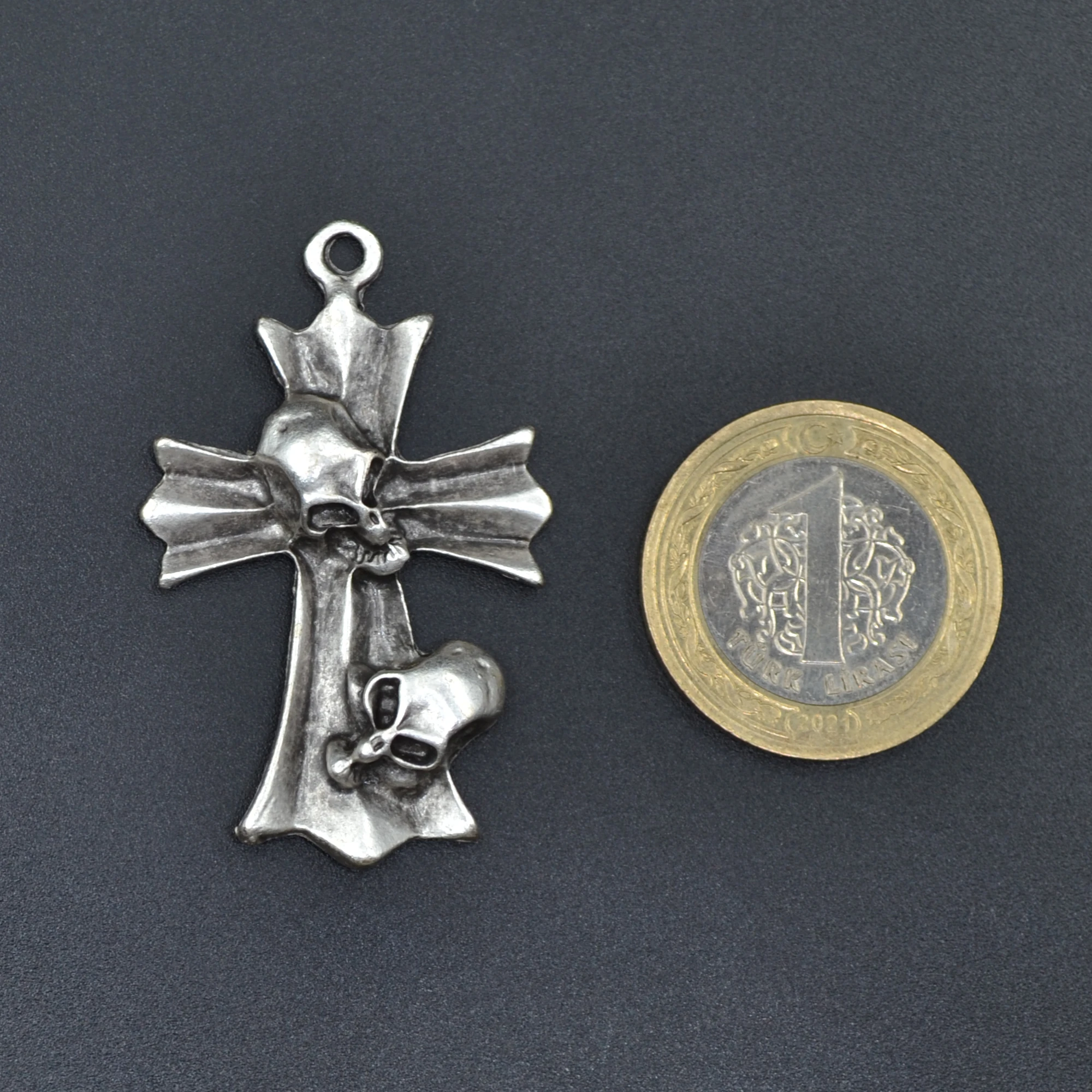 Kuru Kafa Haç Kolye - Gümüş ( Silver ) Renk - 60 cm Düz Ezme Zincir Kolye