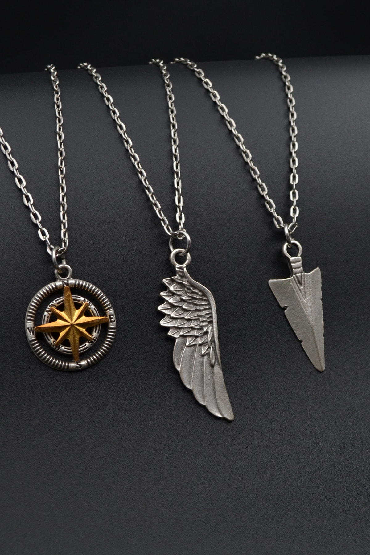 3'lü Pusula Kutup Yıldızlı Triagle Ok Ucu Büyük Erkek Kadın Kolye Seti