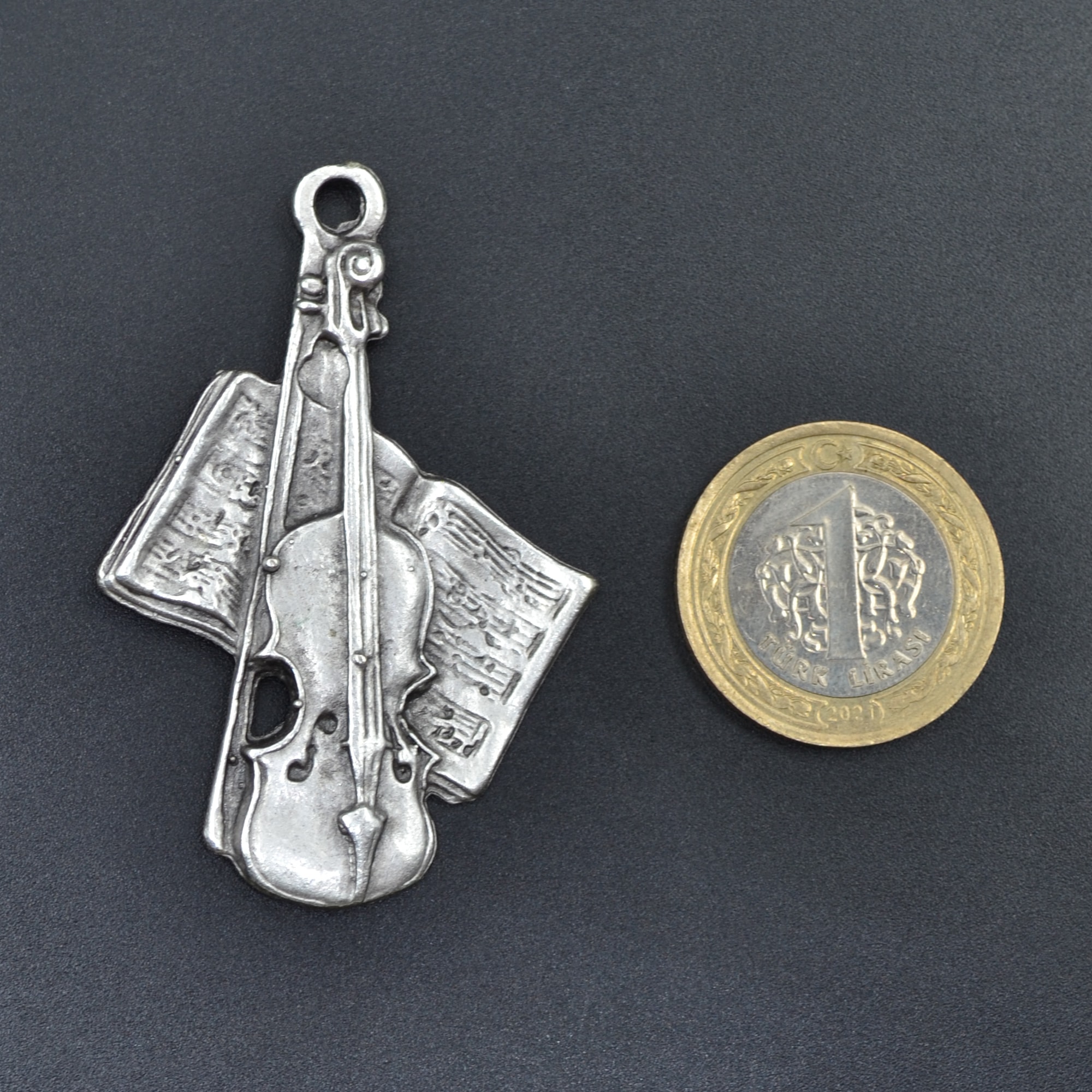 Keman - Nota Defteri Kolye - Gümüş ( Silver ) Renk - 60 cm Düz Ezme Zincir Kolye