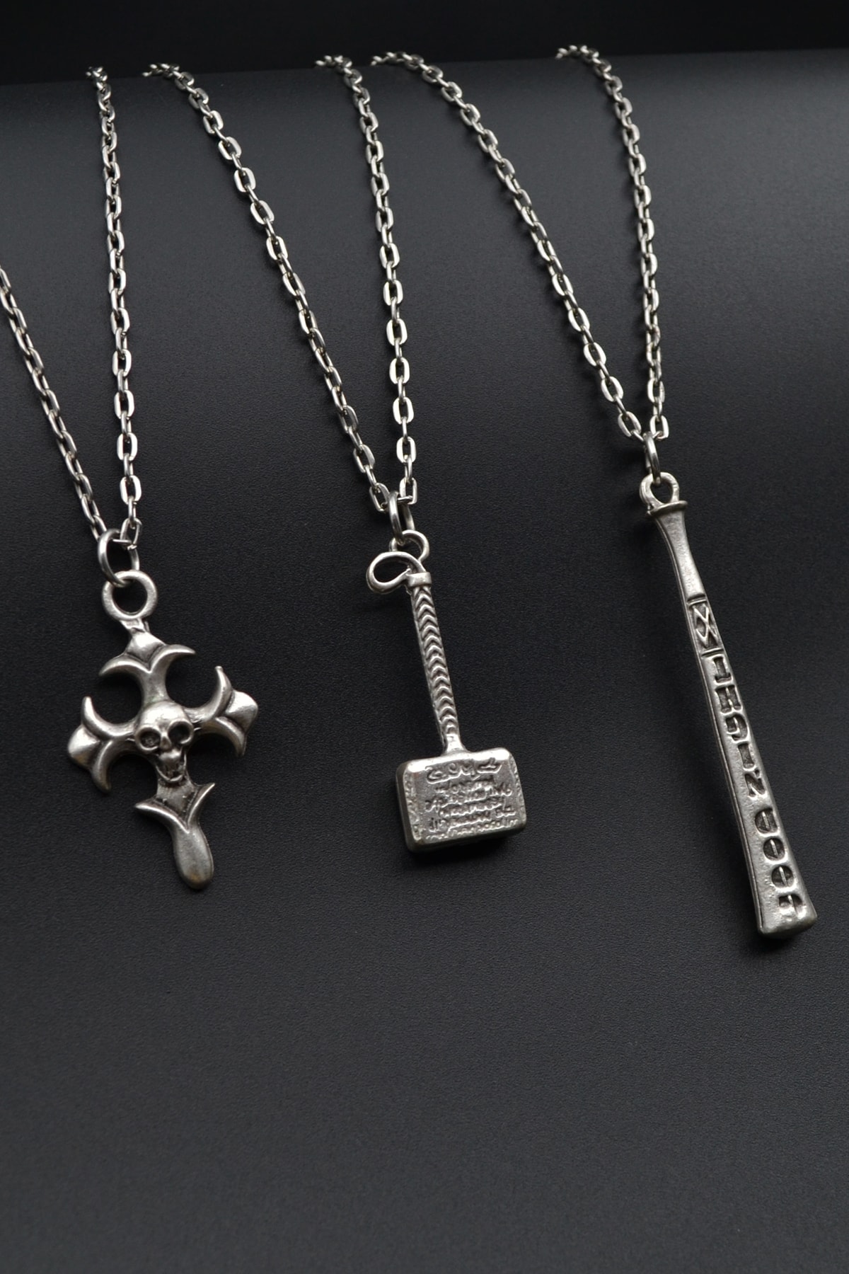 3'lü Thor Çekiç Kuru Kafa Haç Beyzbol Sopası Erkek Kadın Kolye Seti