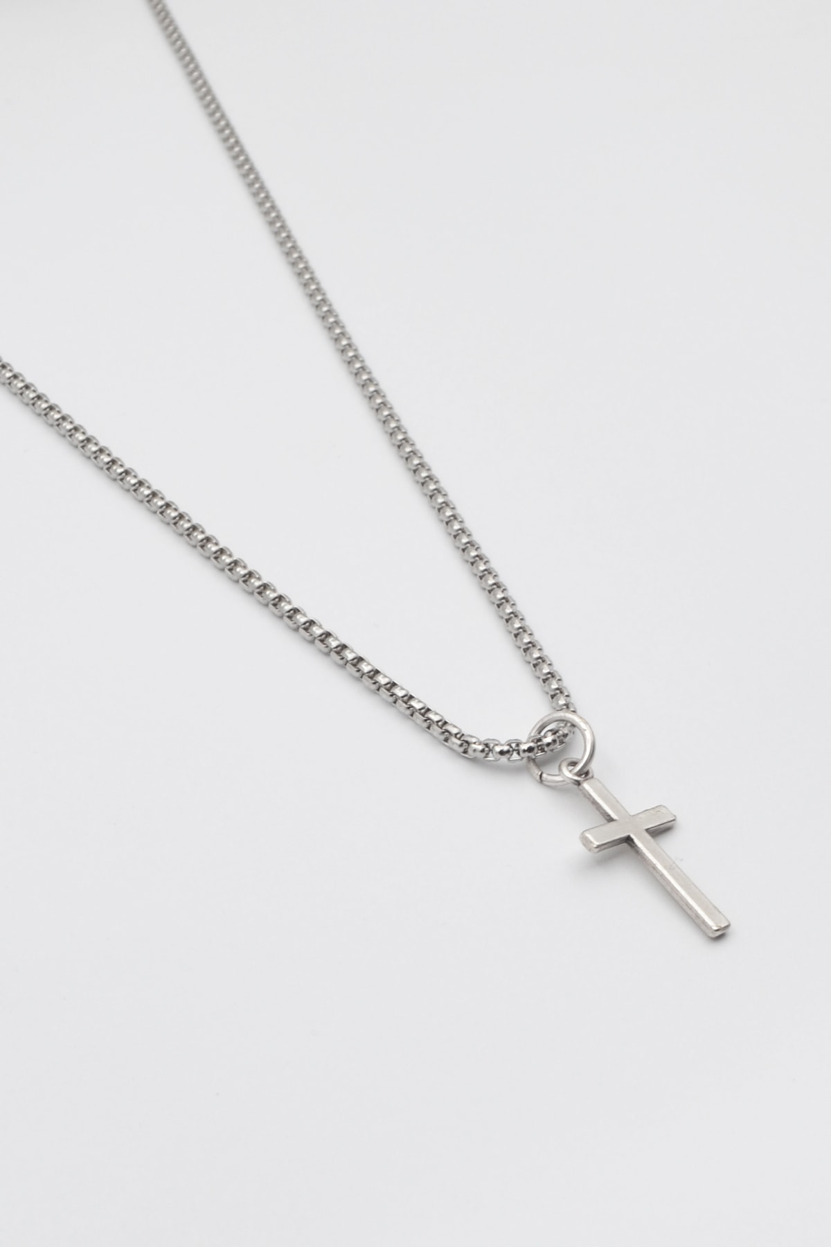 Minimalist Haç Kolye - Gümüş ( Silver ) Renk - 60 cm Örme Zincir Kolye