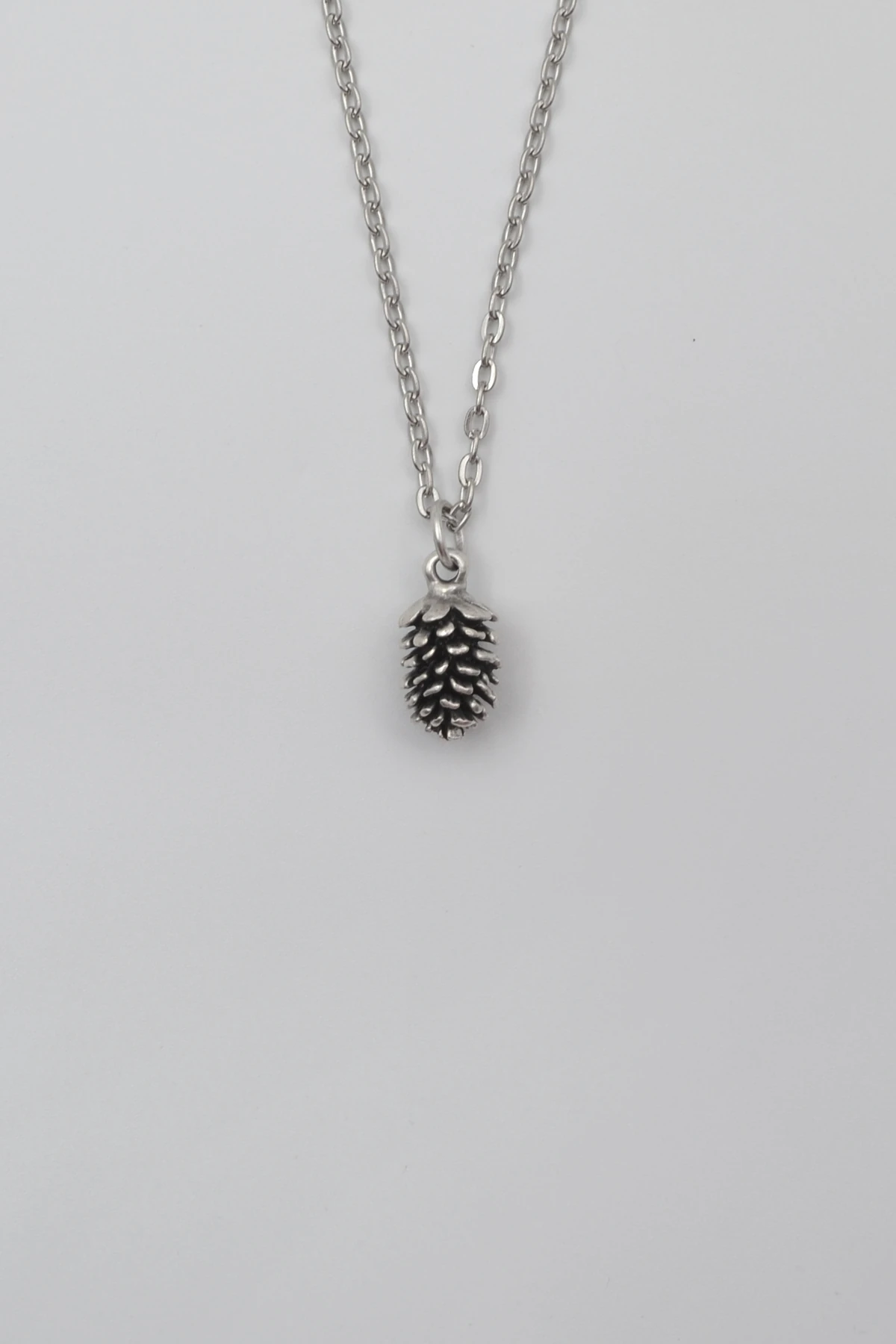 Çam Kozalağı Düz Ezme Zincir Kolye - Antik Gümüş Kaplama - Kadın Erkek - 60 cm