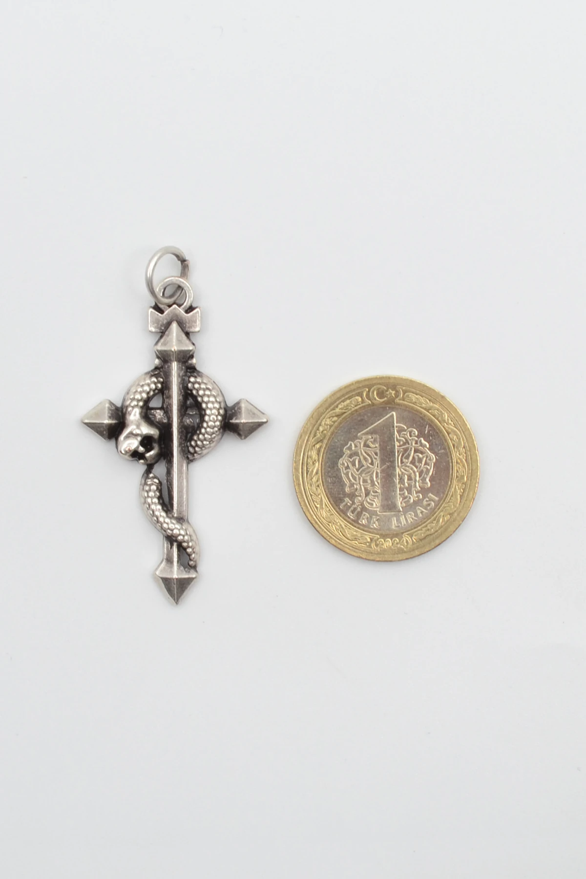 Yılanlı Haç Kolye - Gümüş ( Silver ) Renk - 60 cm Deri İp Kolye