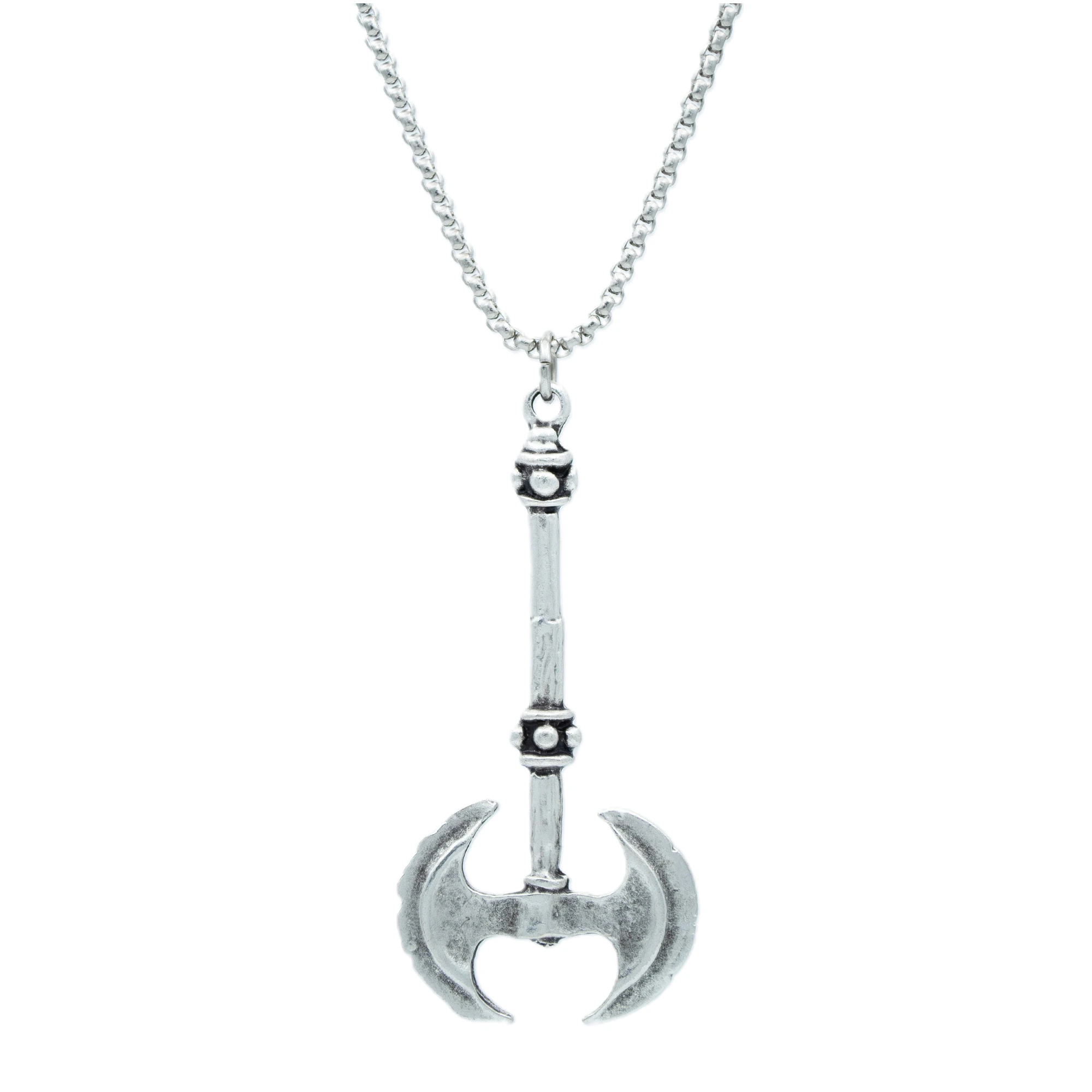 Çift Taraflı Savaşçı Balta Kolye - Gümüş ( Silver ) Renk - 60 cm Örme Zincir Kolye