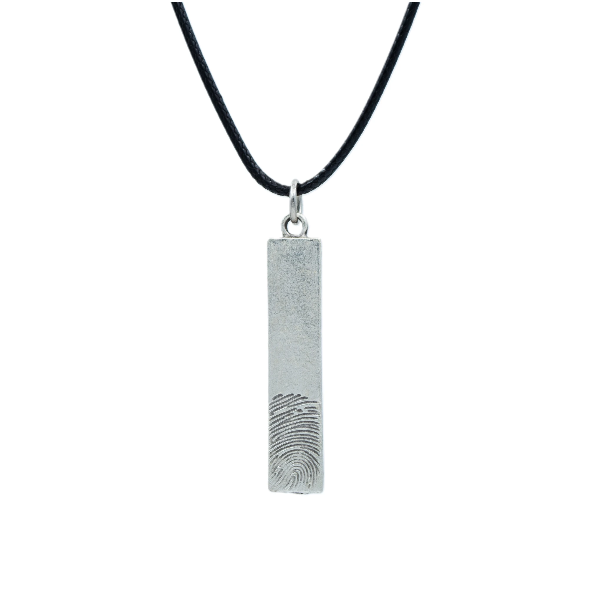 Parmak İzi Desenli Çubuk Kolye - Gümüş ( Silver ) Renk - 60 cm Deri İp Kolye