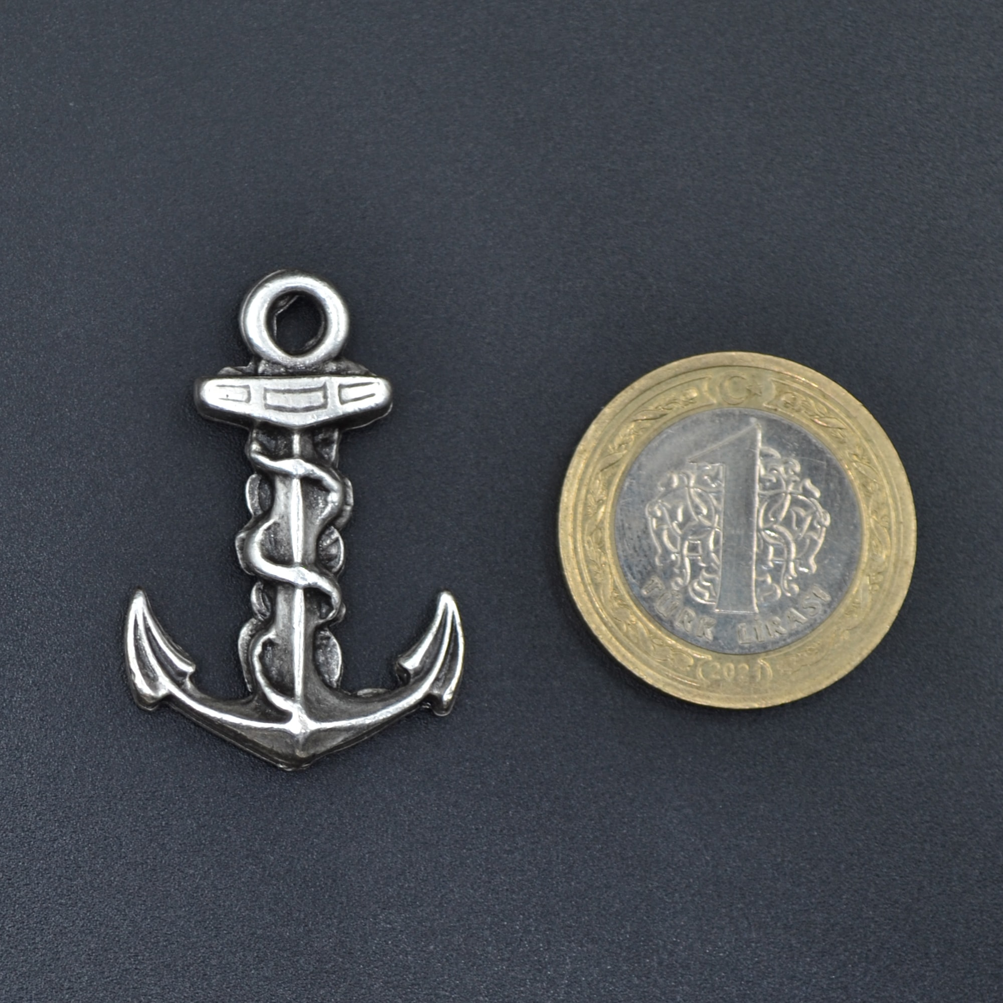 Gemi Çapası Kolye - Gümüş ( Silver ) Renk - 60 cm Düz Ezme Zincir Kolye