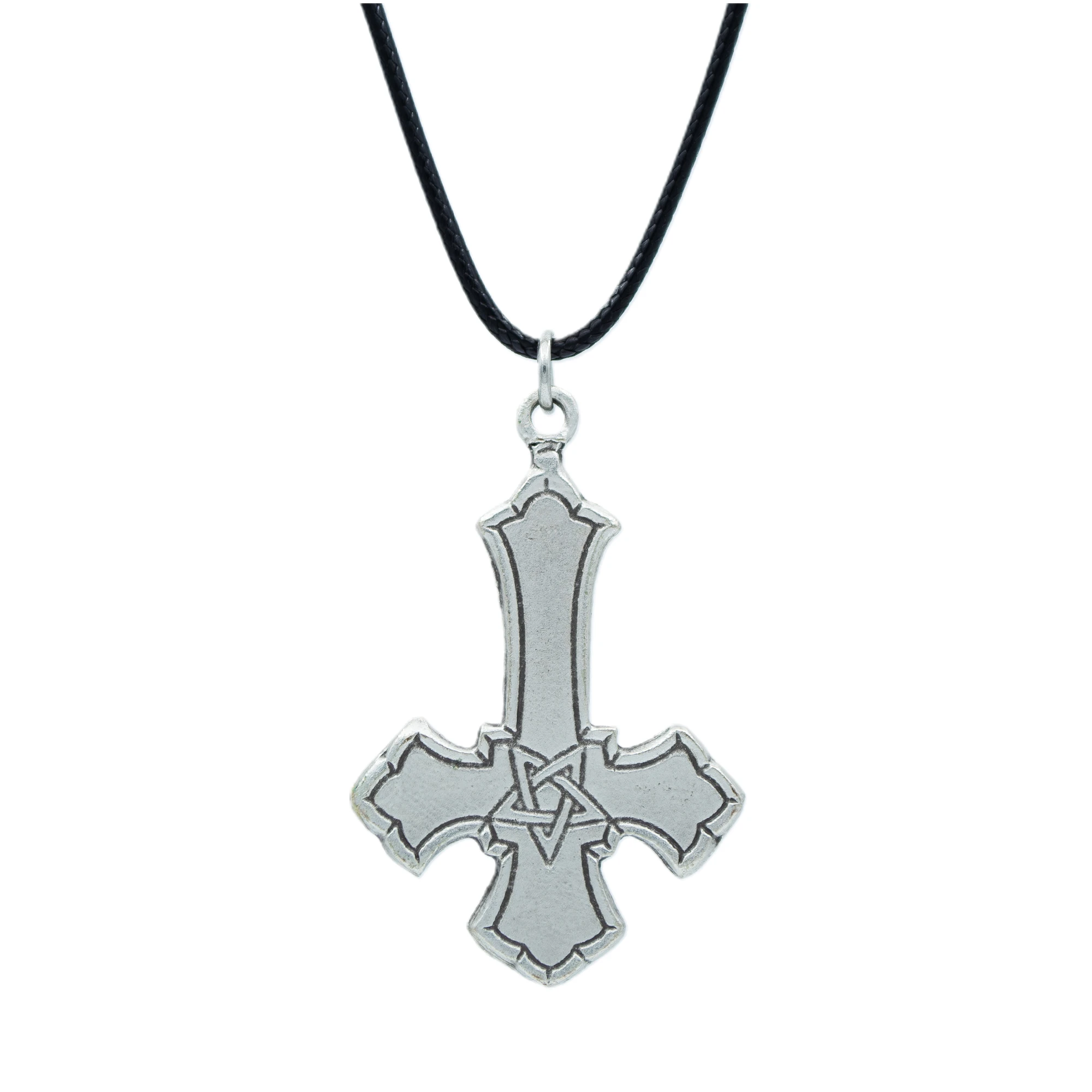 Ters Haç Kolye - Gümüş ( Silver ) Renk - 60 cm Deri İp Kolye