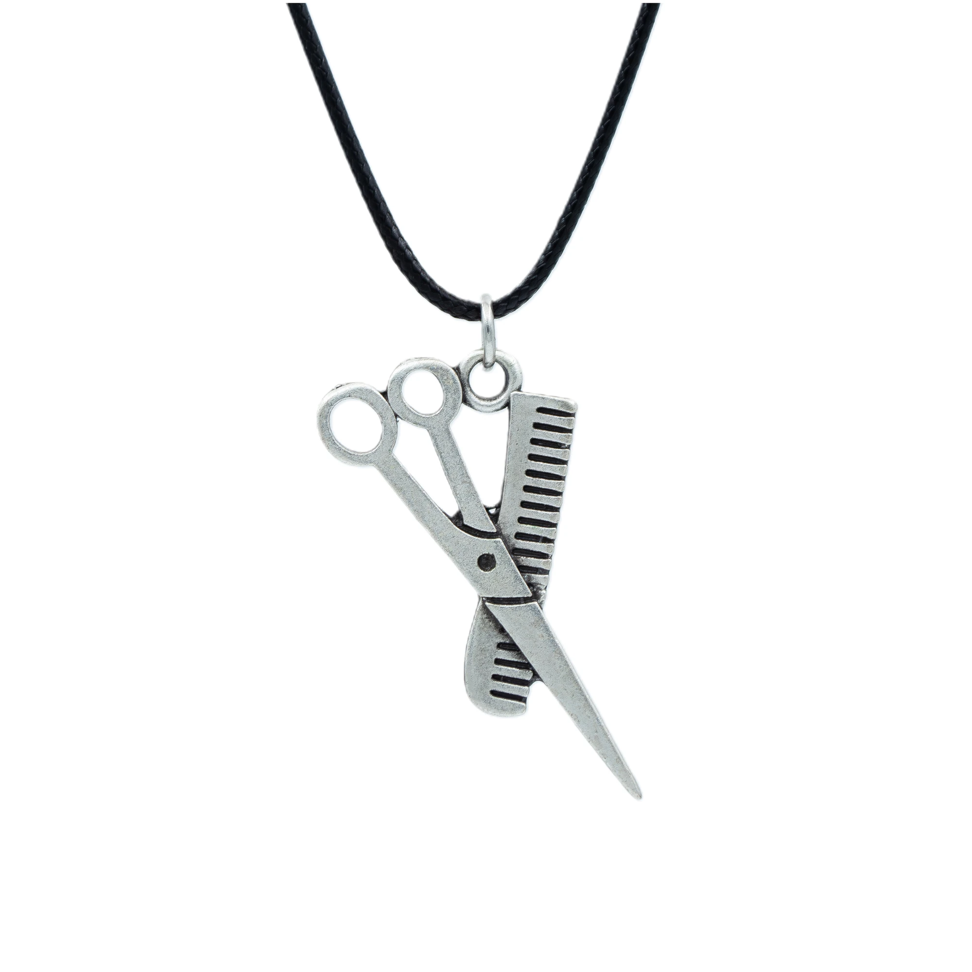 Makas - Tarak - Berber Kolye - Gümüş ( Silver ) Renk - 60 cm Deri İp Kolye