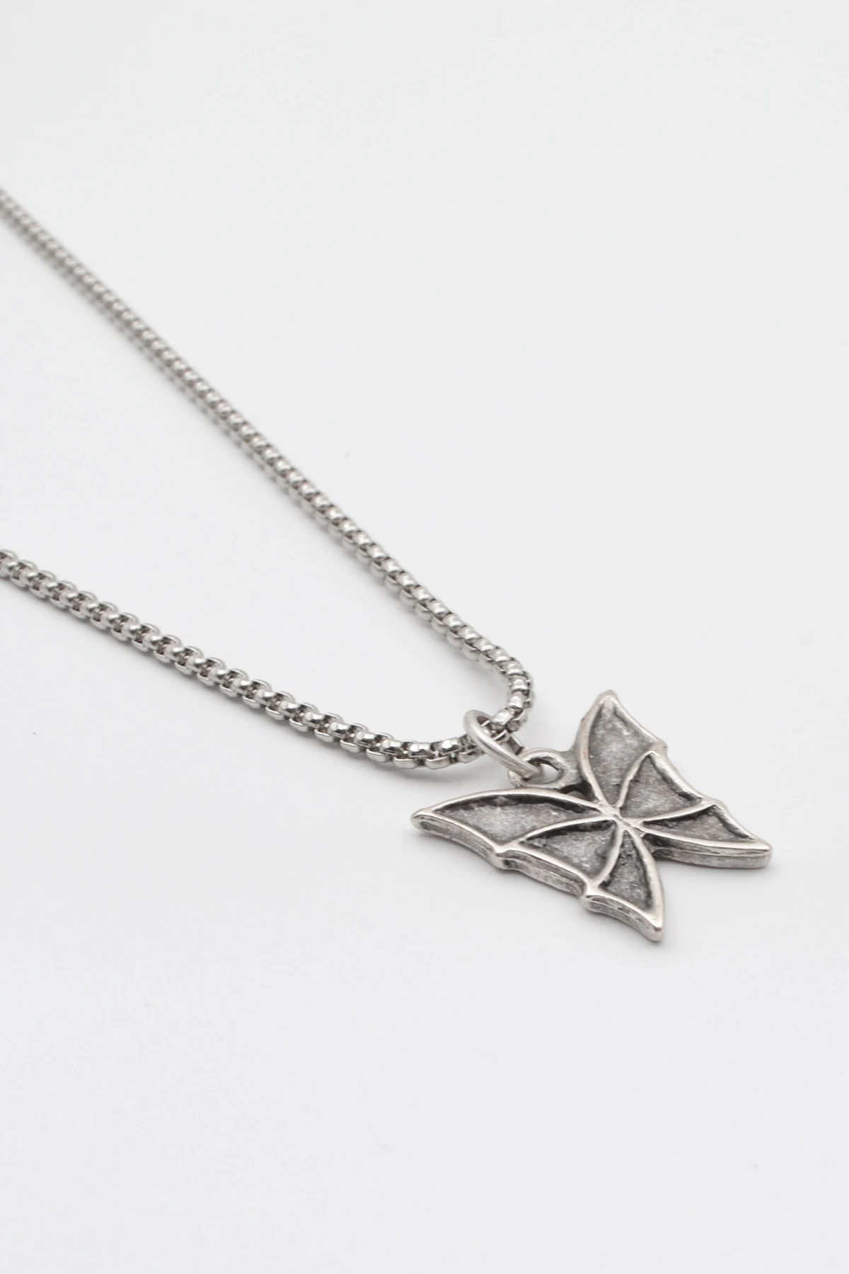 Kelebek Örme Zincir Kolye - Antik Gümüş Kaplama - Kadın Erkek - 60 cm