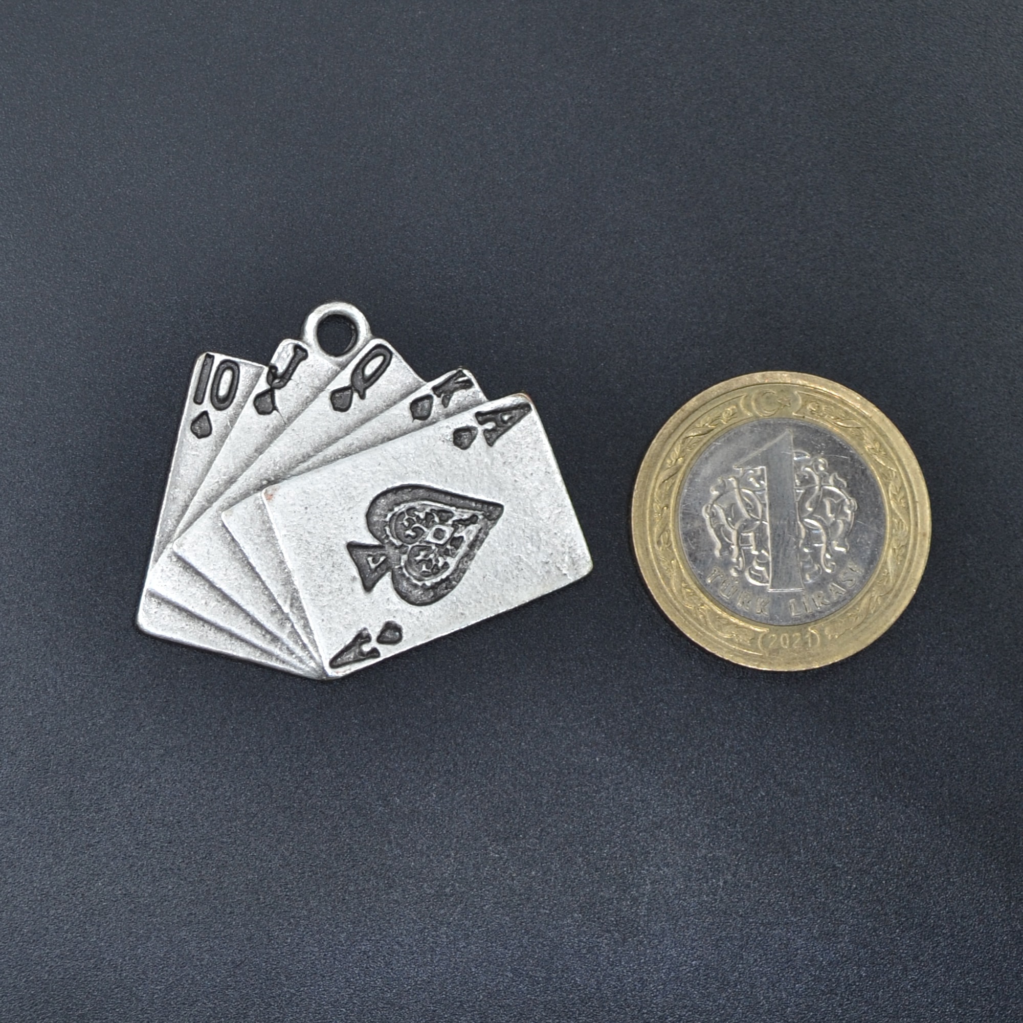 Poker İskambil Kolye - Gümüş ( Silver ) Renk - 60 cm Deri İp Kolye