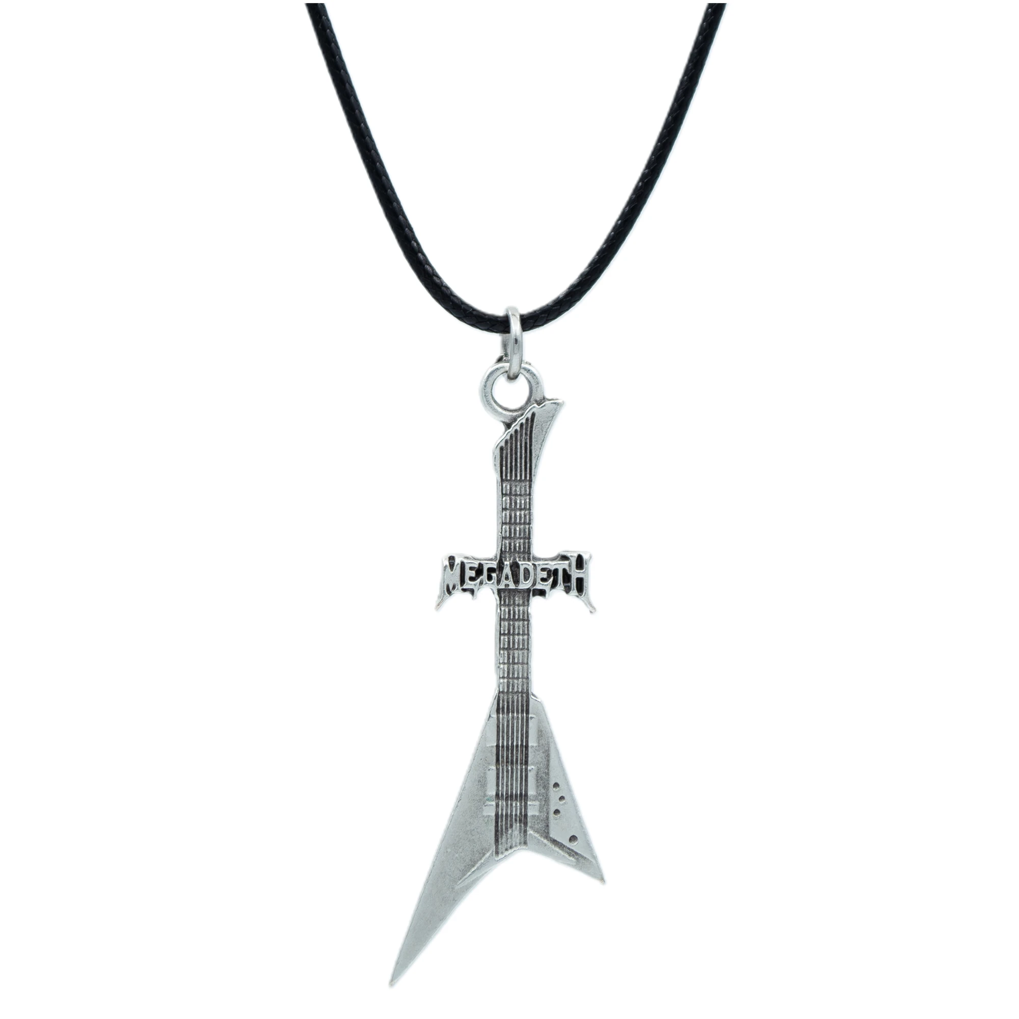 Megadeth Elektro Gitar Kolye - Gümüş ( Silver ) Renk - 60 cm Deri İp Kolye