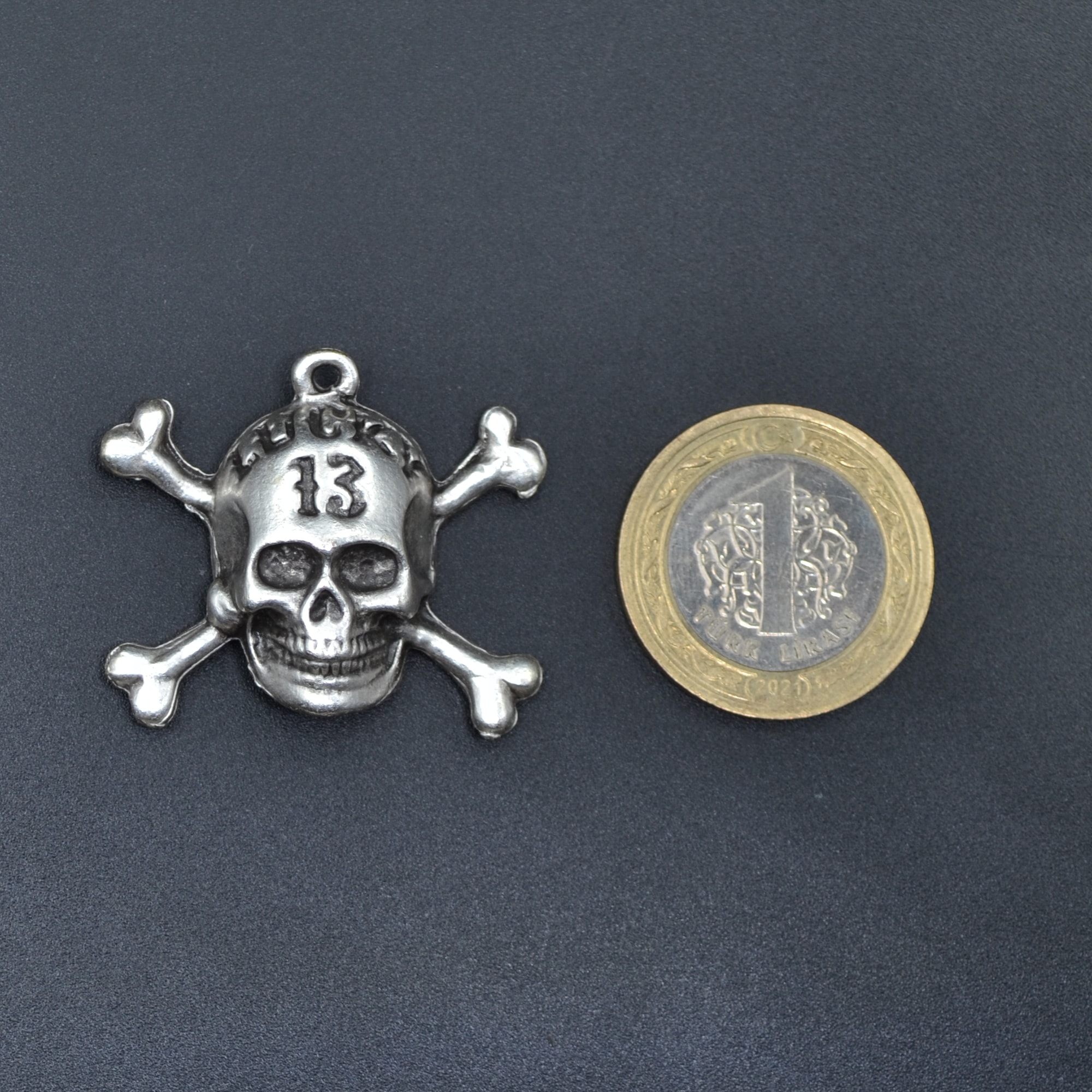 Lucky 13 Kuru Kafa Kolye - Gümüş ( Silver ) Renk - 60 cm Deri İp Kolye