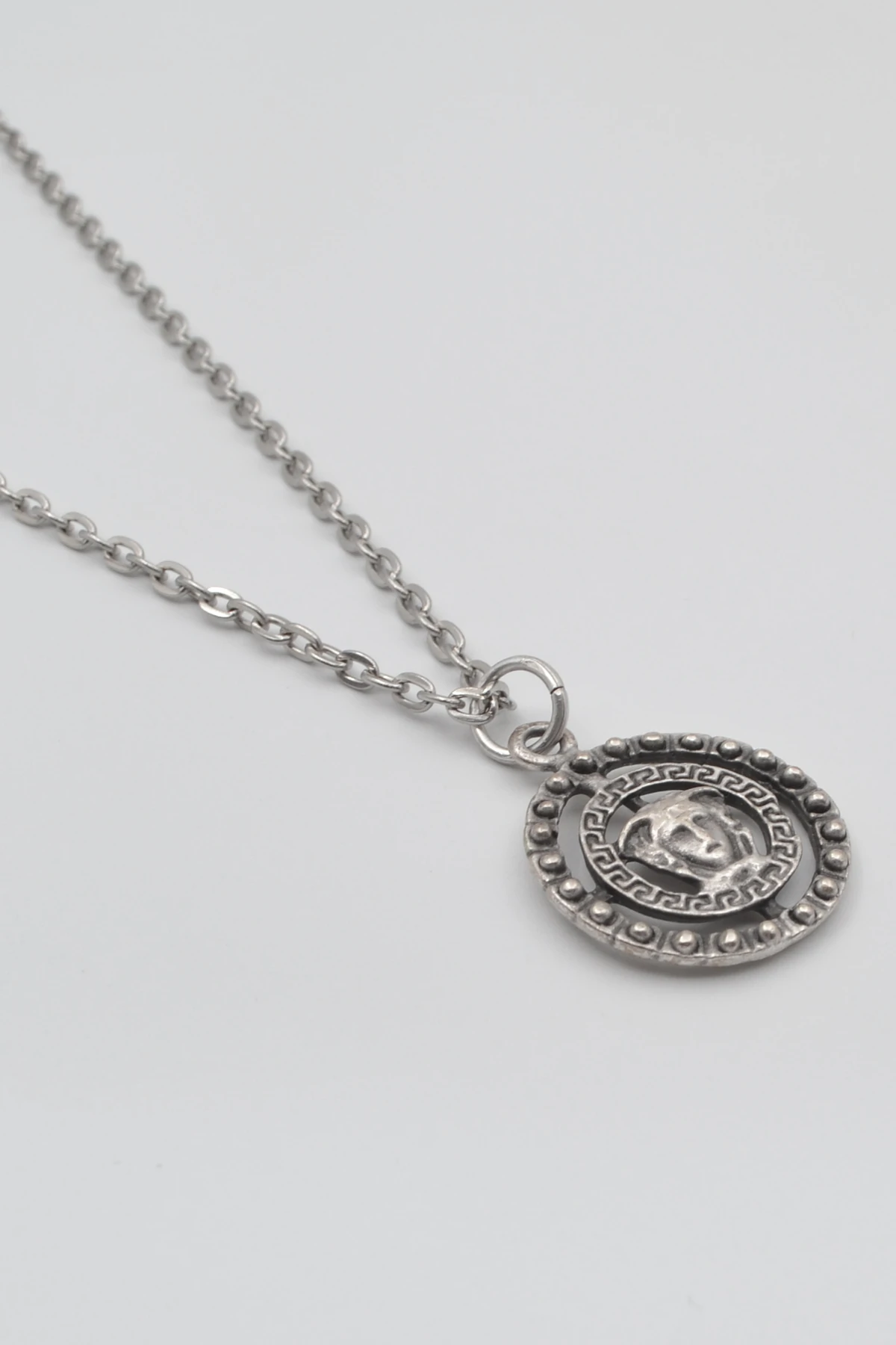 Mitolojik Medusa Düz Ezme Zincir Kolye - Antik Gümüş Kaplama - Kadın Erkek - 60 cm