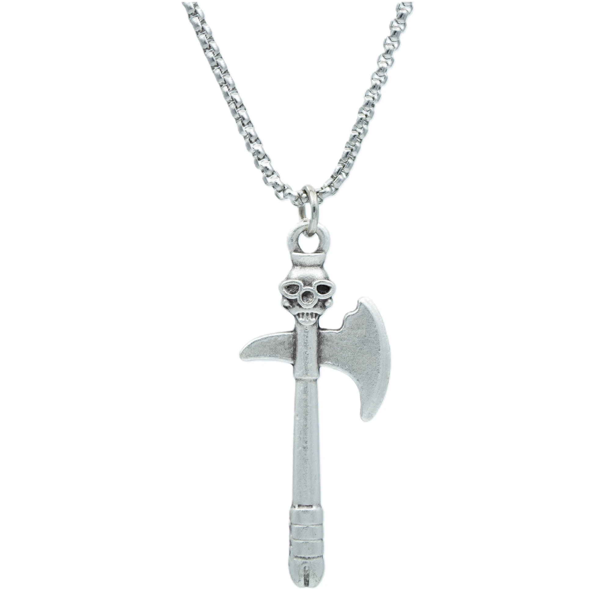 Kuru Kafa Savaş Baltası Kolye - Gümüş ( Silver ) Renk - 60 cm Örme Zincir Kolye