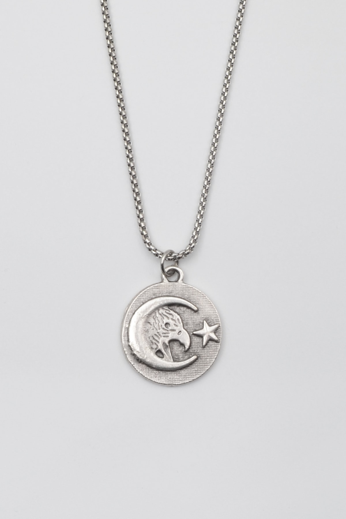 Ay Yıldız ve Kartal Figürlü Kolye - Gümüş ( Silver ) Renk - 60 cm Örme Zincir Kolye