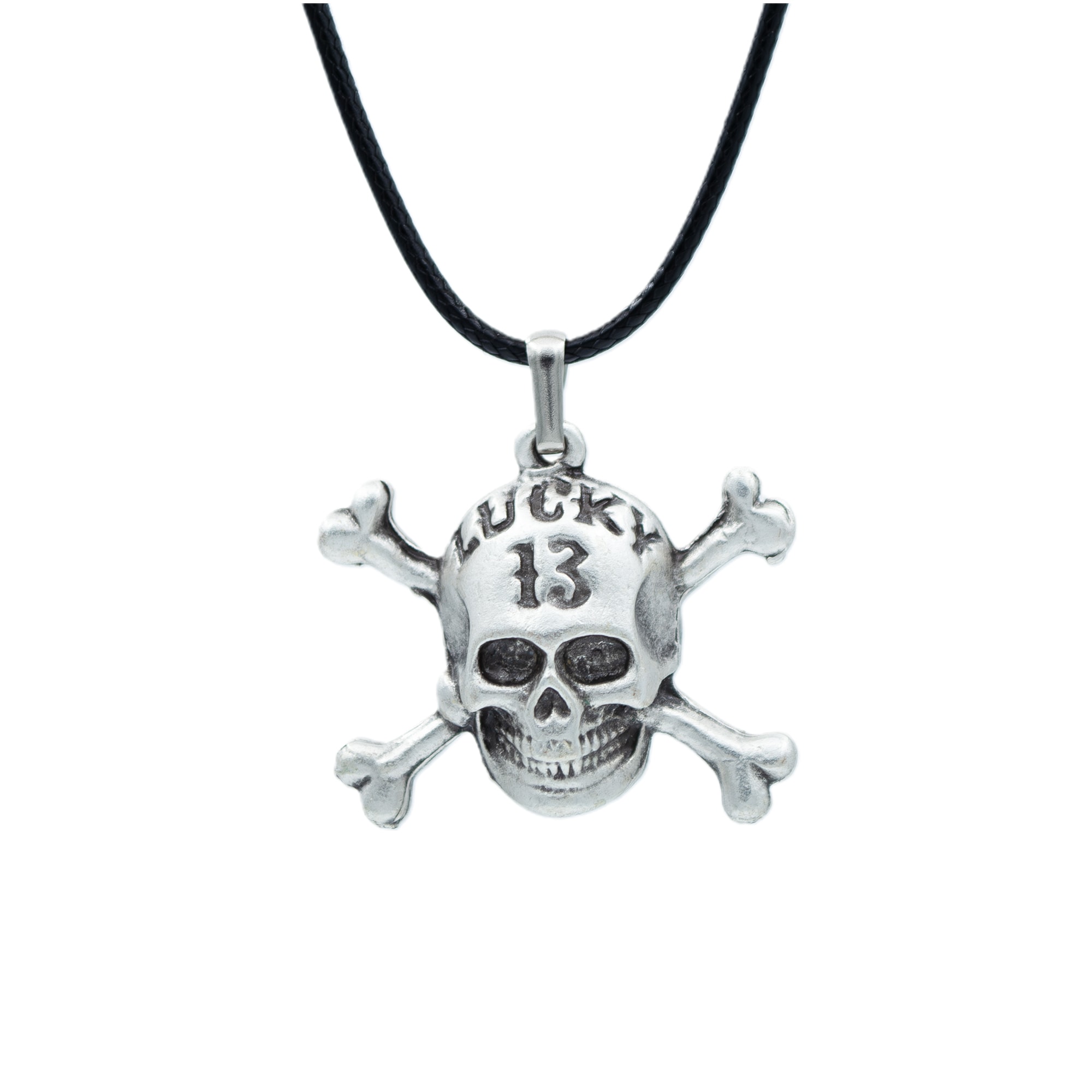 Lucky 13 Kuru Kafa Kolye - Gümüş ( Silver ) Renk - 60 cm Deri İp Kolye