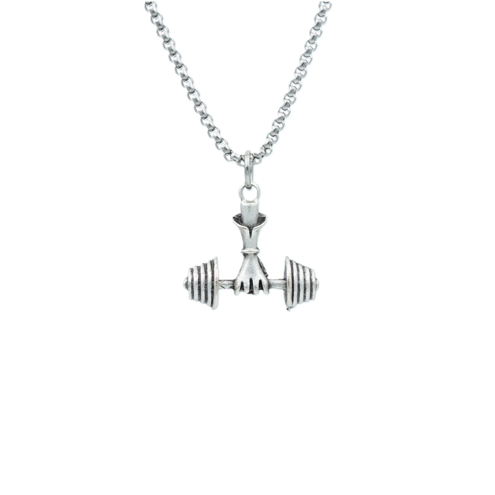 Sporcu Halter - Dambıl Kolye - Gümüş ( Silver ) Renk - 60 cm Örme Zincir Kolye