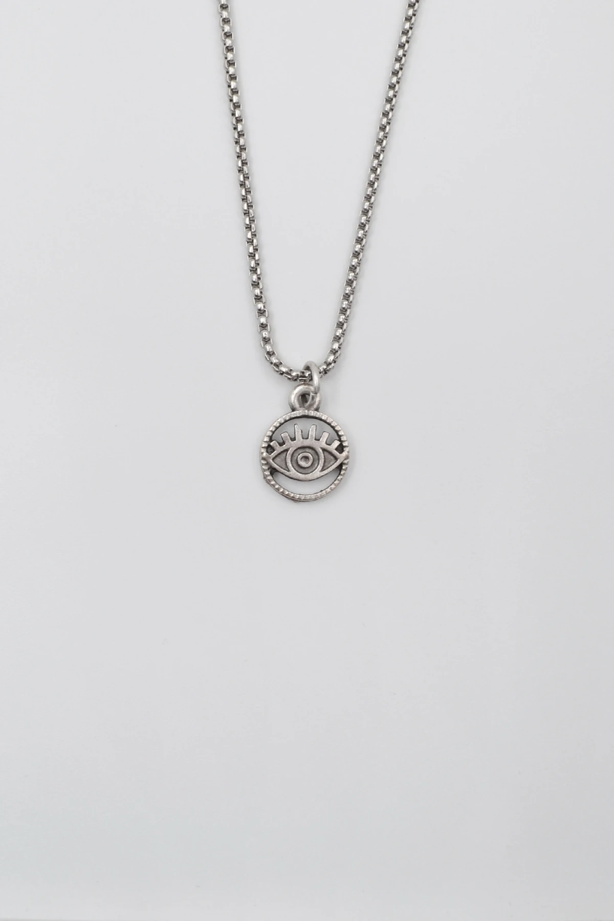 Minimalist Göz - Nazar Örme Zincir Kolye - Antik Gümüş Kaplama - Kadın Erkek - 60 cm