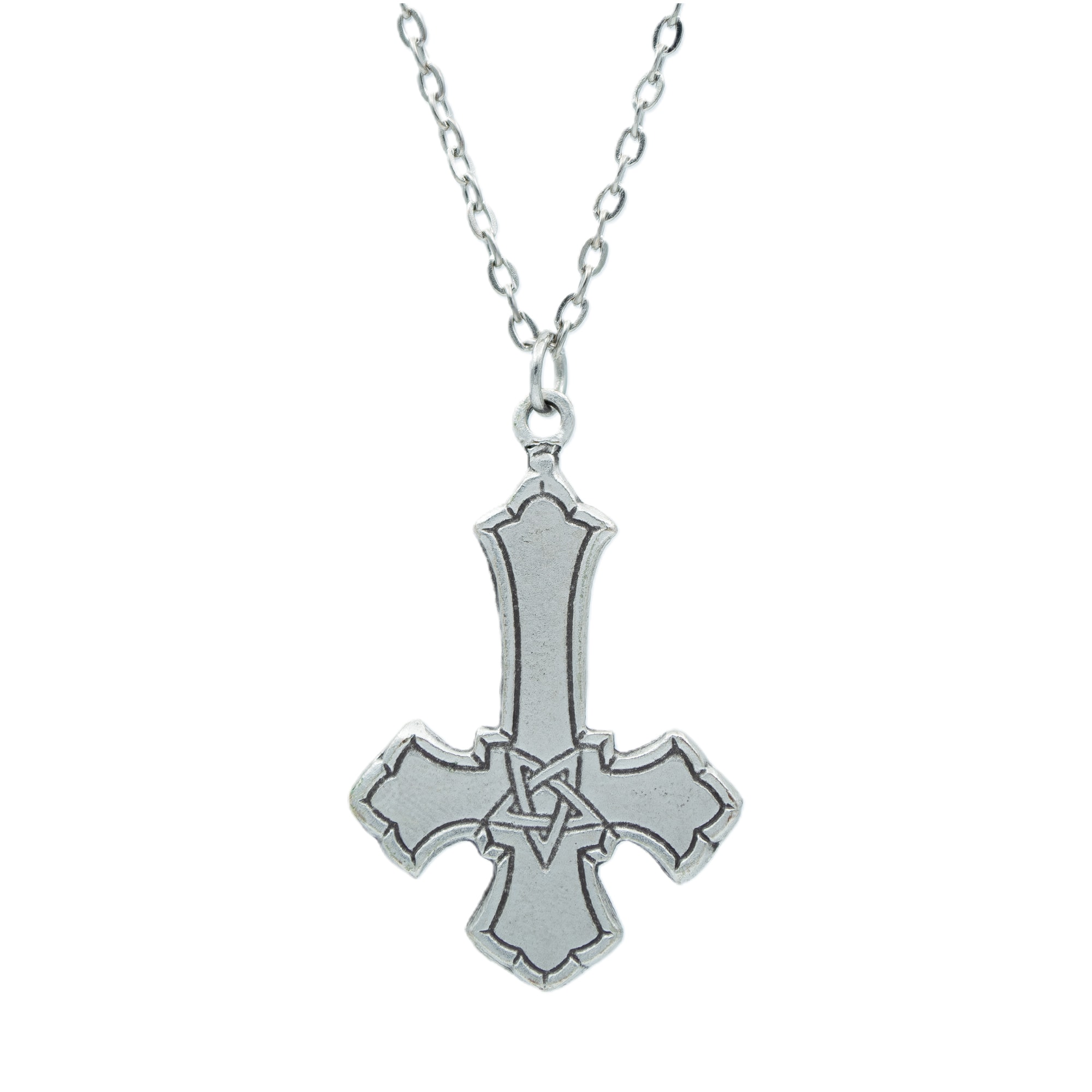 Ters Haç Kolye - Gümüş ( Silver ) Renk - 60 cm Düz Ezme Zincir Kolye