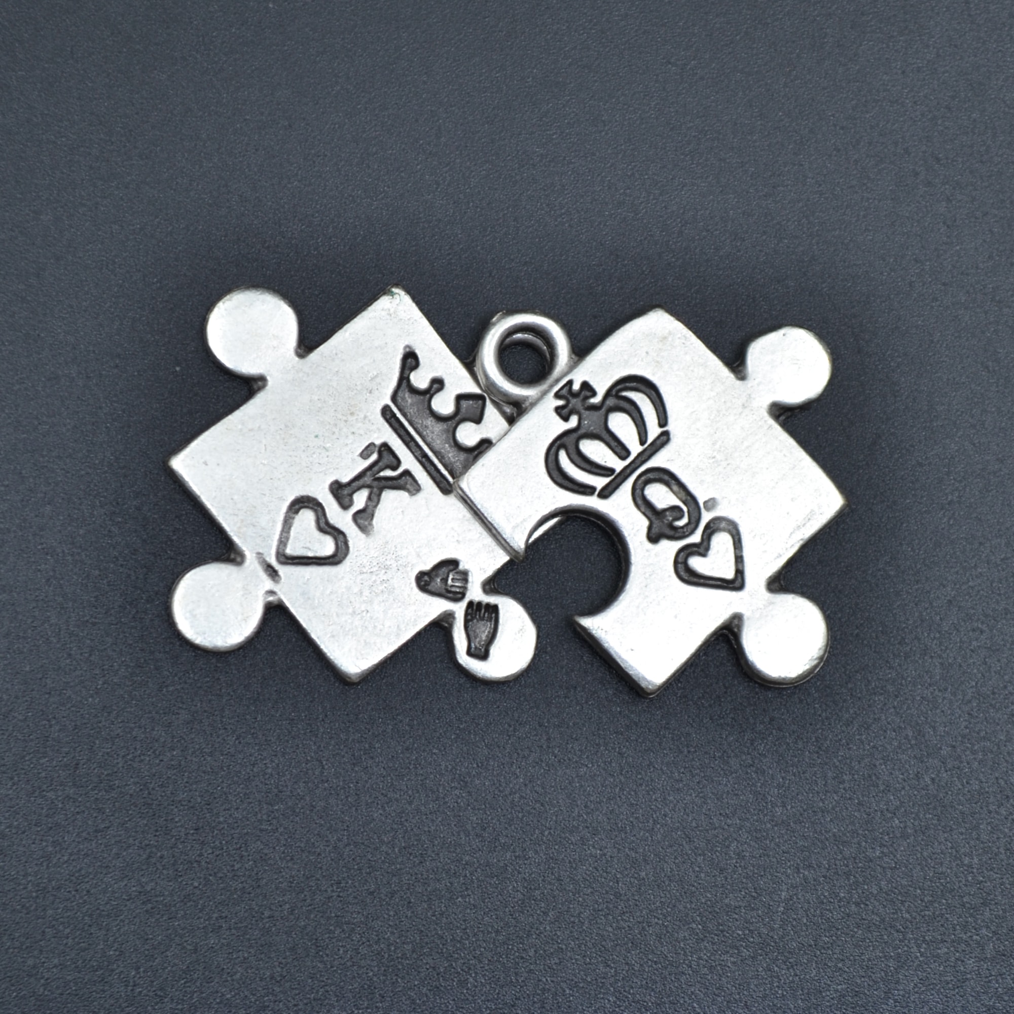 Puzzle - Queen - King Kolye Ucu - Gümüş ( Silver ) Renk