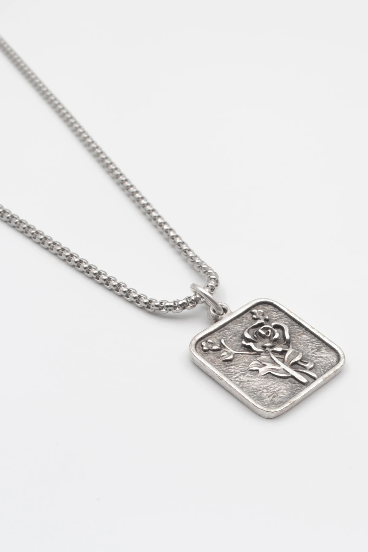 Otantik Gül Örme Zincir Kolye - Antik Gümüş Kaplama - Kadın Erkek - 60 cm