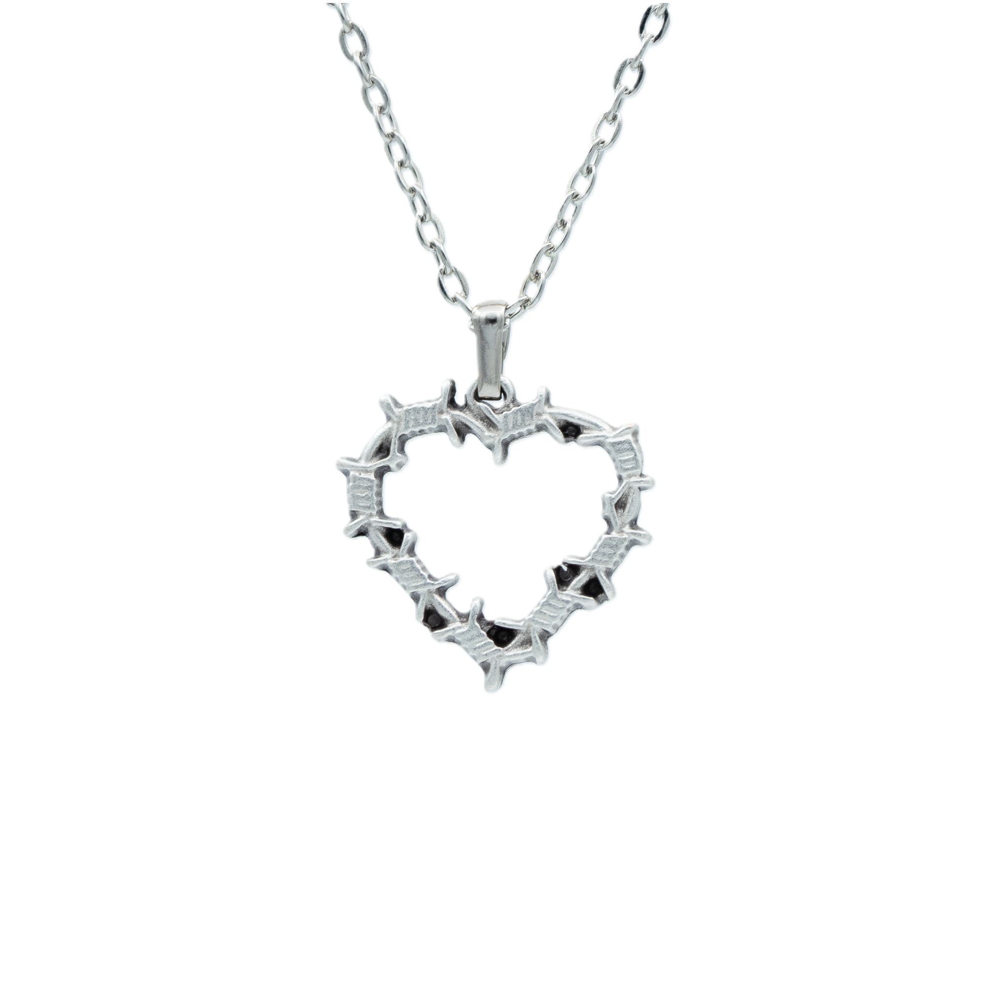 Dikenli Kalp Kolye - Gümüş ( Silver ) Renk - 60 cm Düz Ezme Zincir Kolye