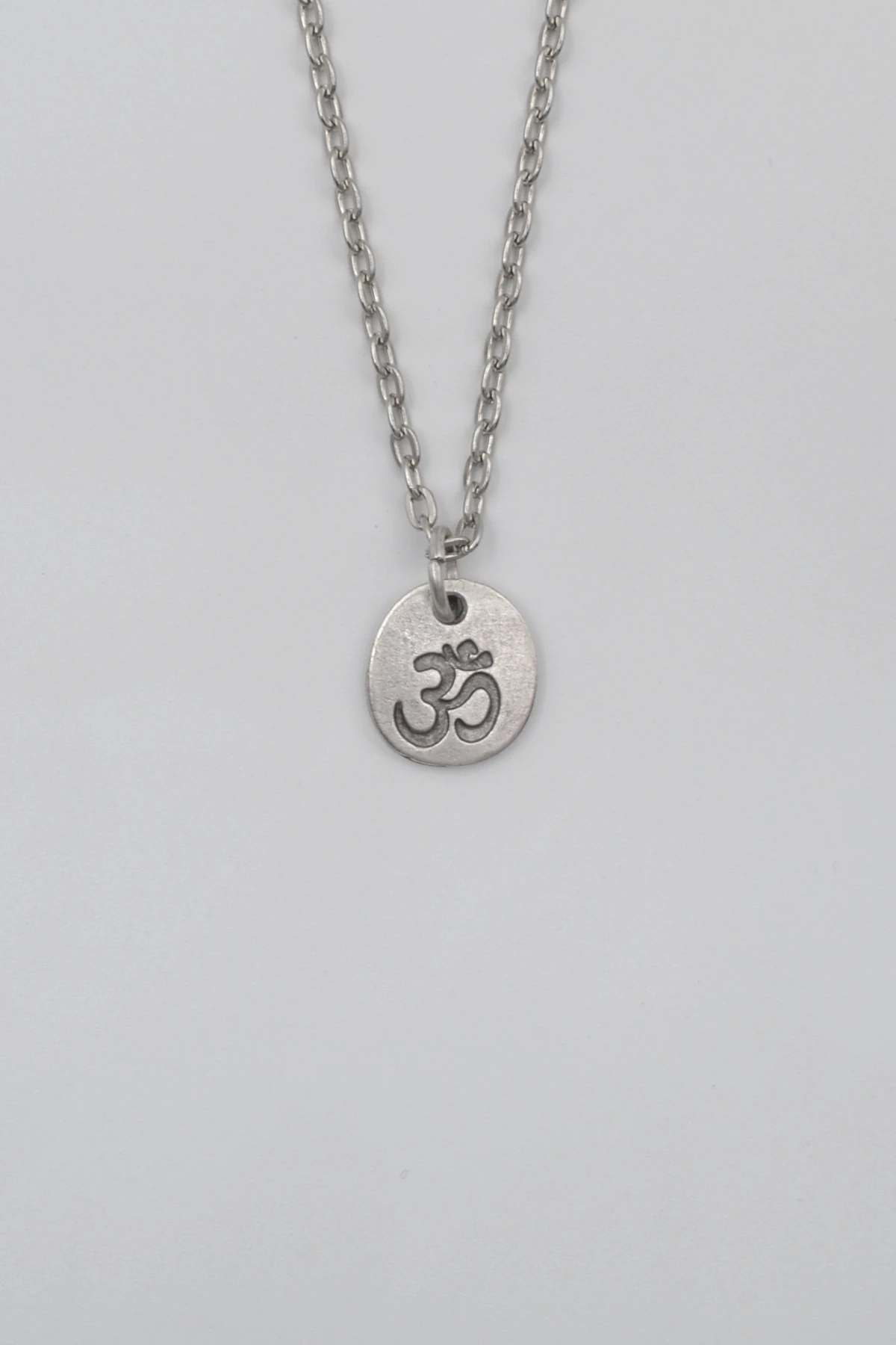 Om Aum Sembolü Düz Ezme Zincir Kolye - Antik Gümüş Kaplama - Kadın Erkek - 60 cm