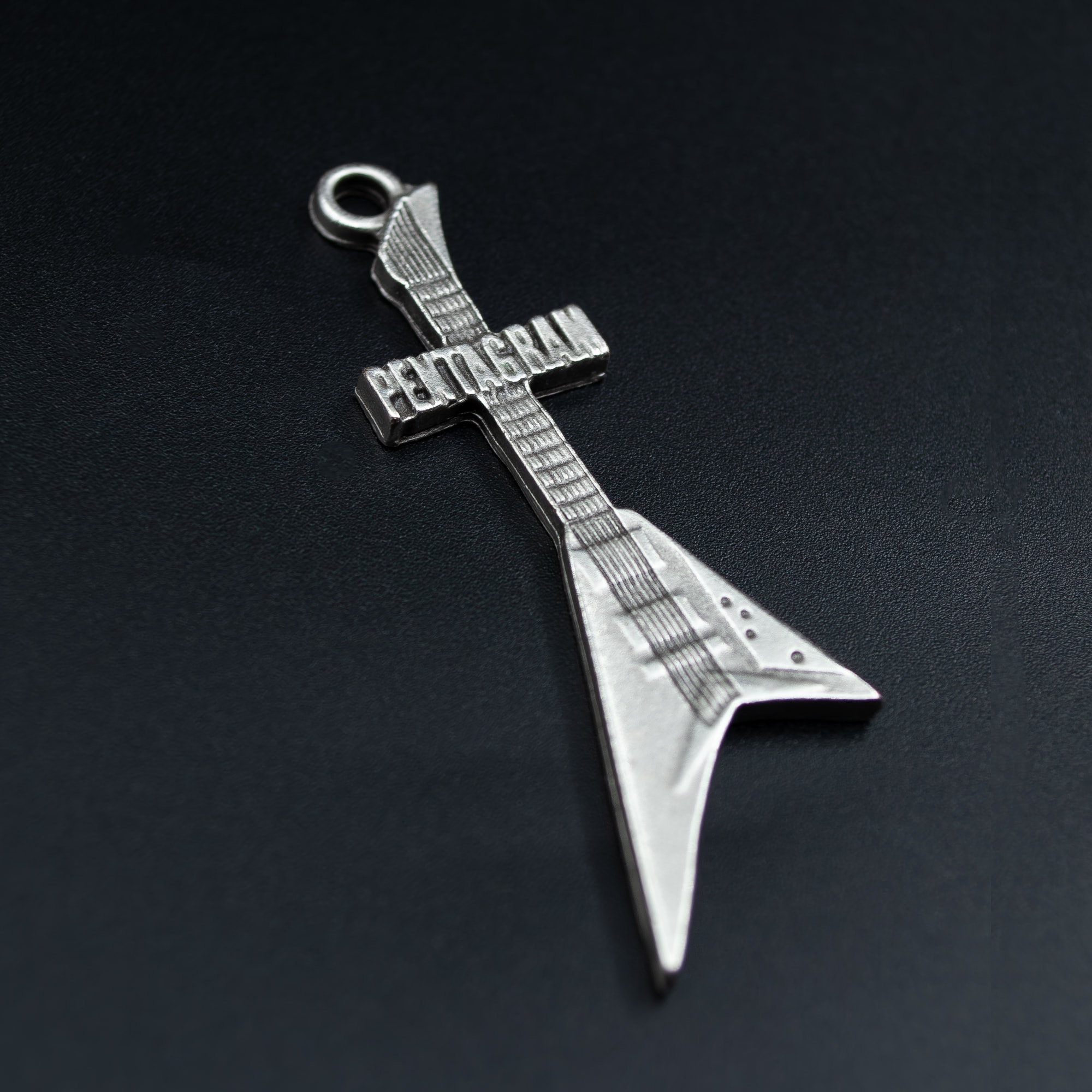 Pentagram Elektro Gitar Kolye - Gümüş ( Silver ) Renk - 60 cm Deri İp Kolye