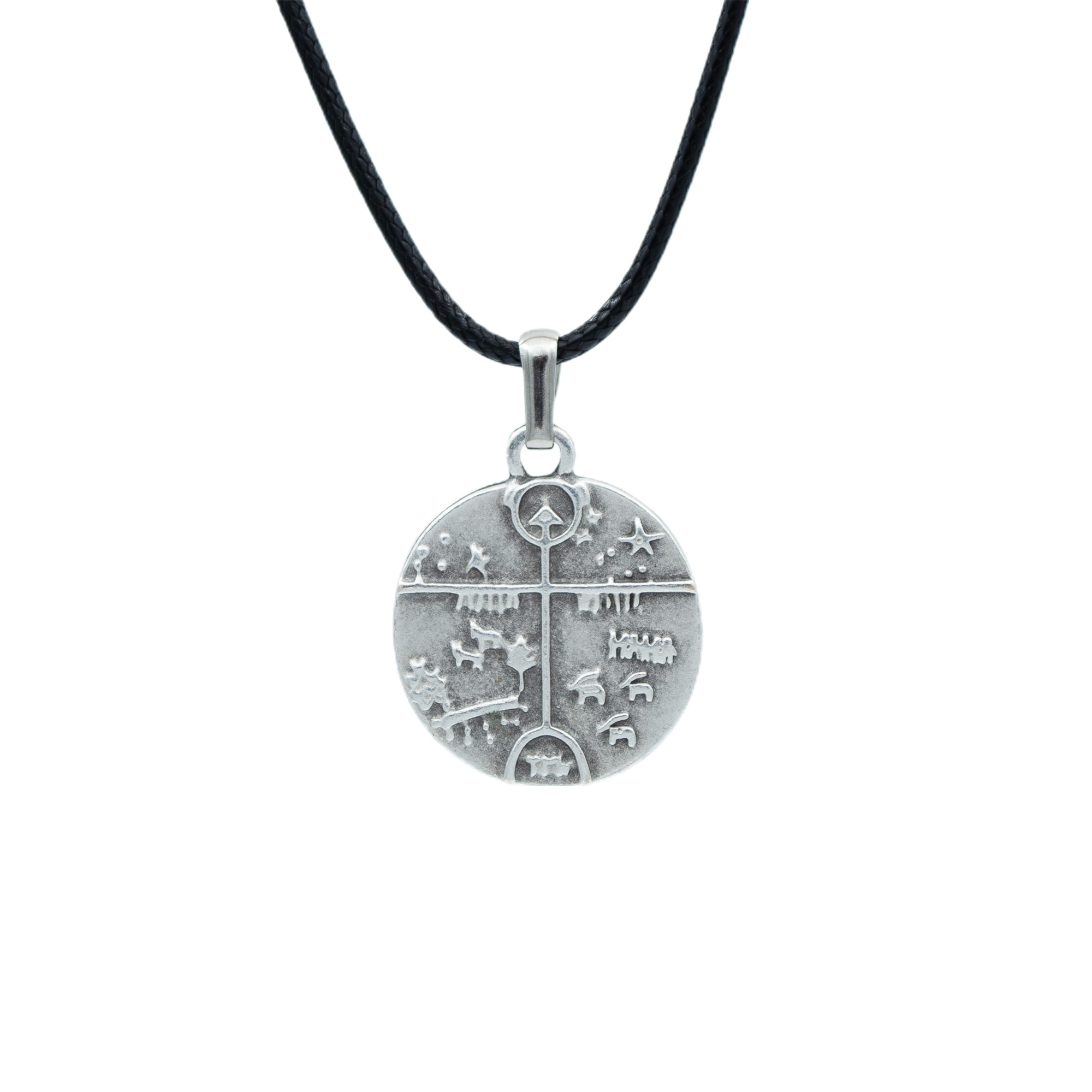 Şaman Kam Davulu Kolye - Gümüş ( Silver ) Renk - 60 cm Deri İp Kolye