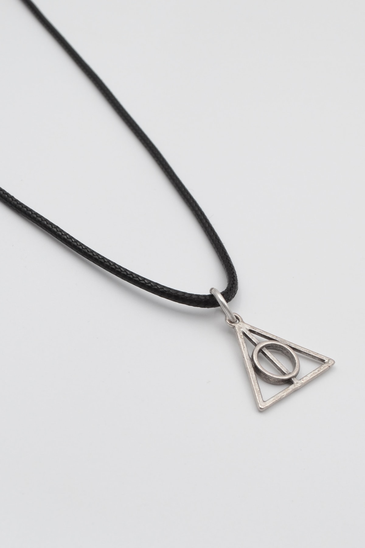 Minimal Harry Potter Ölüm Yadigarları Siyah Deri İp Kolye - Antik Gümüş Kaplama - Kadın Erkek - 60 cm