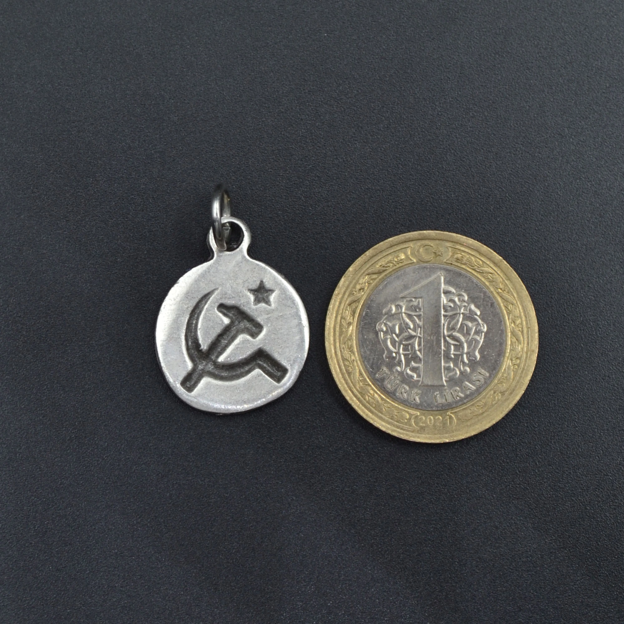 Minmimal Orak Çekiç Madalyon Kolye - Gümüş ( Silver ) Renk - 60 cm Düz Ezme Zincir Kolye