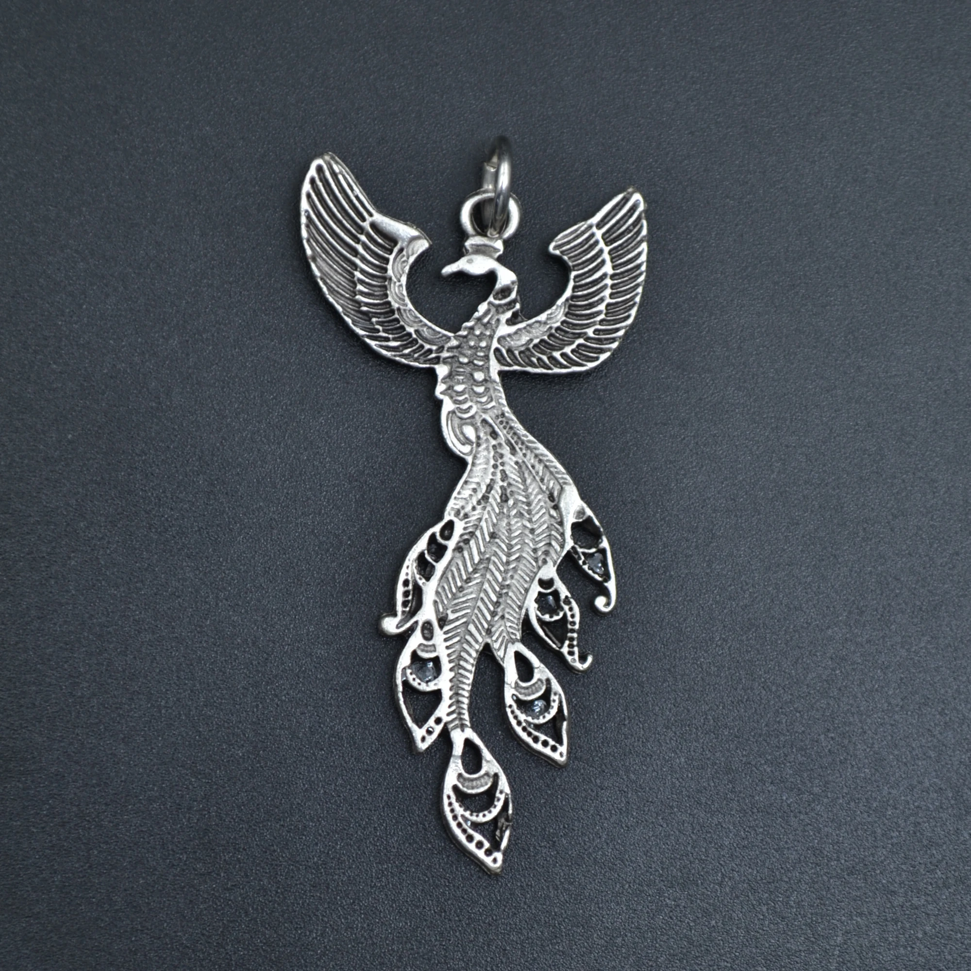 Zümrüdü Anka Kuşu Kolye - Gümüş ( Silver ) Renk - 60 cm Deri İp Kolye