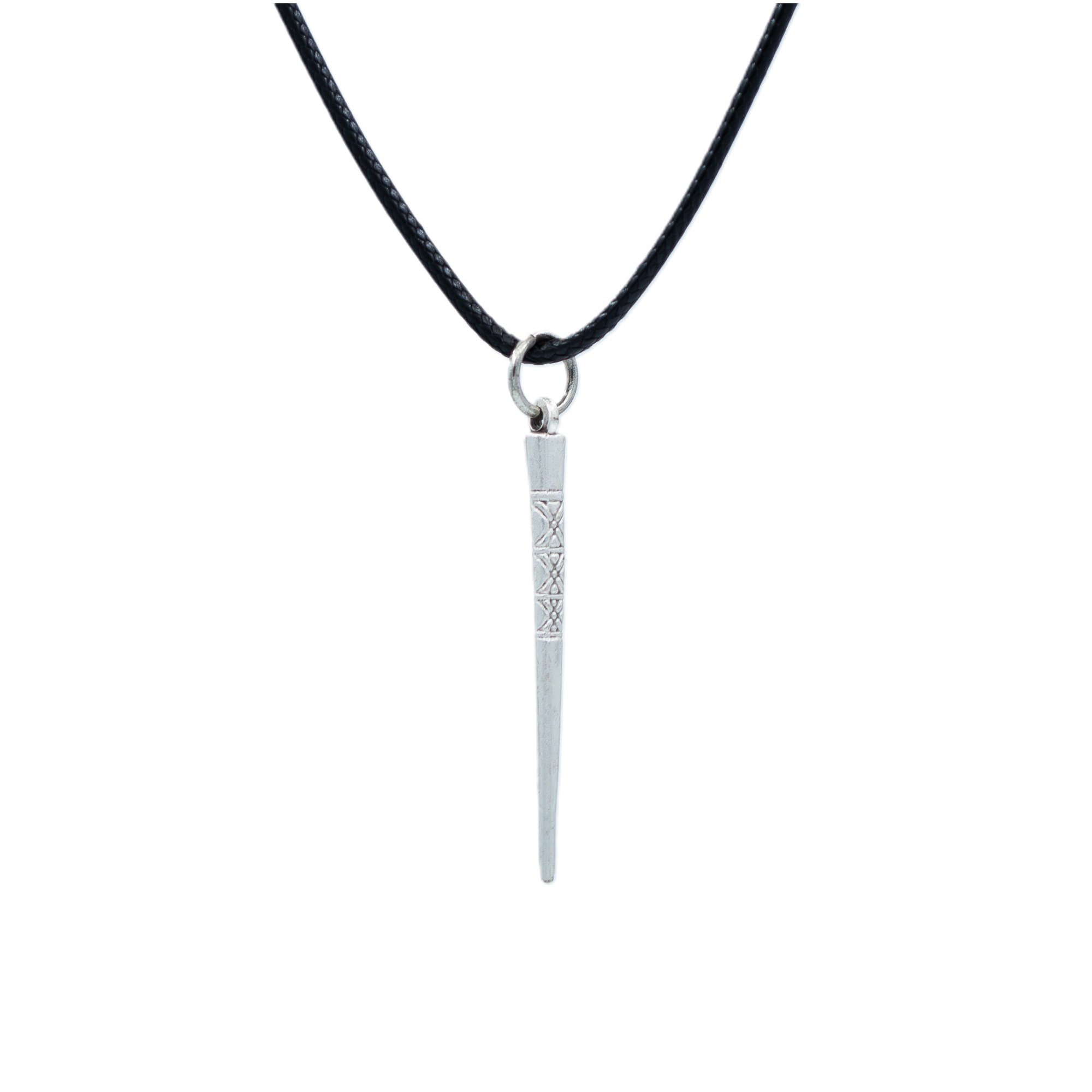 Etnik Desenli Çubuk Kolye - Gümüş ( Silver ) Renk - 60 cm Deri İp Kolye