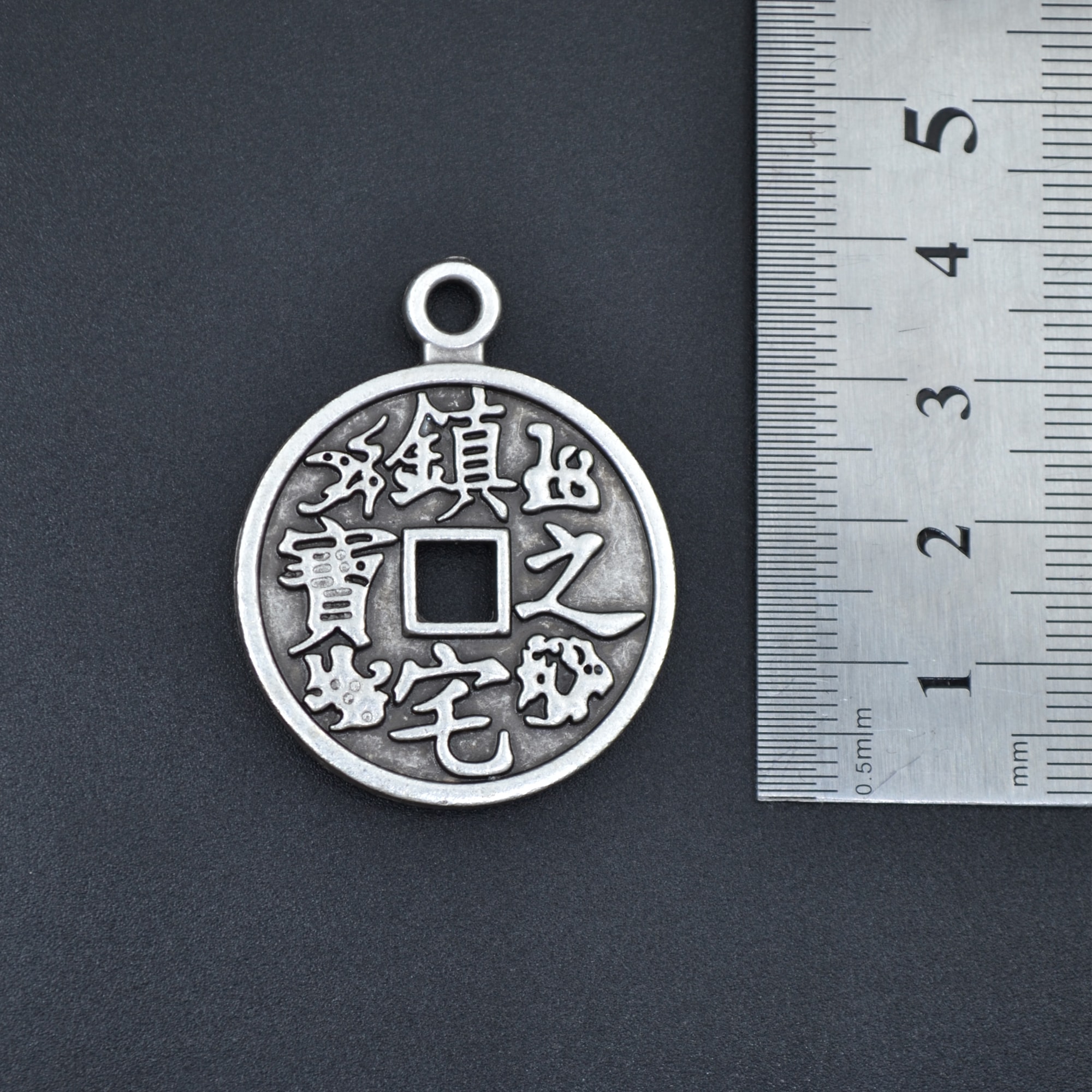 Feng Shui Çin Şans Parası Kolye - Gümüş ( Silver ) Renk - 60 cm Deri İp Kolye