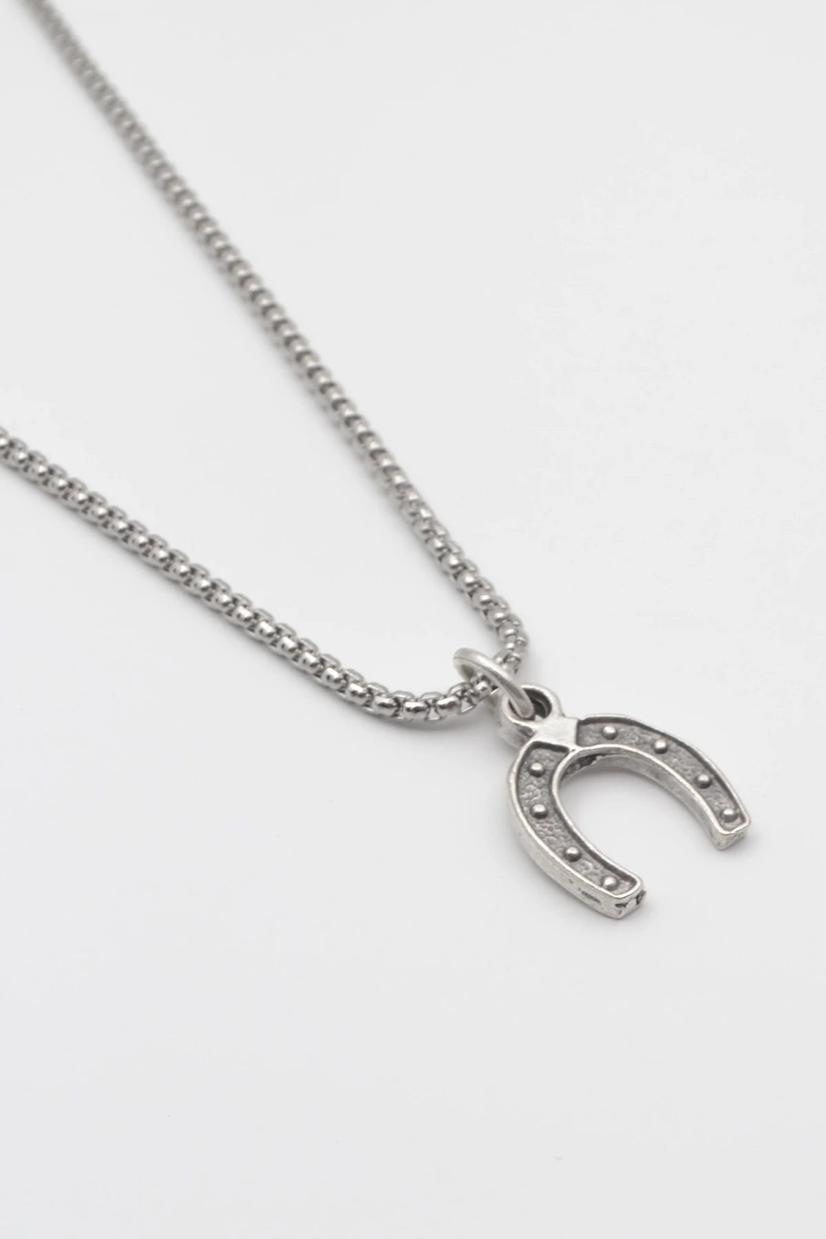 Şans Nalı Örme Zincir Kolye - Antik Gümüş Kaplama - Kadın Erkek - 60 cm