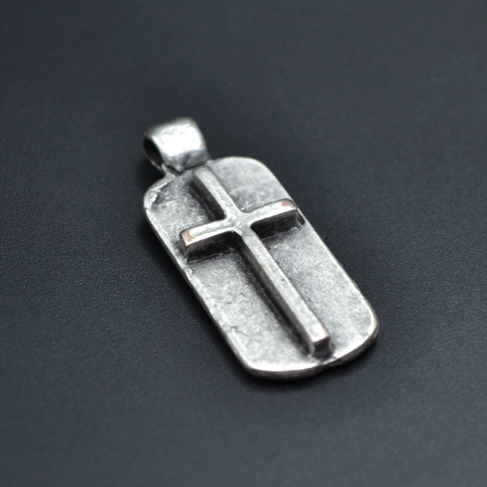 Minimal Haç Künye Kolye - Gümüş ( Silver ) Renk - 60 cm Deri İp Kolye