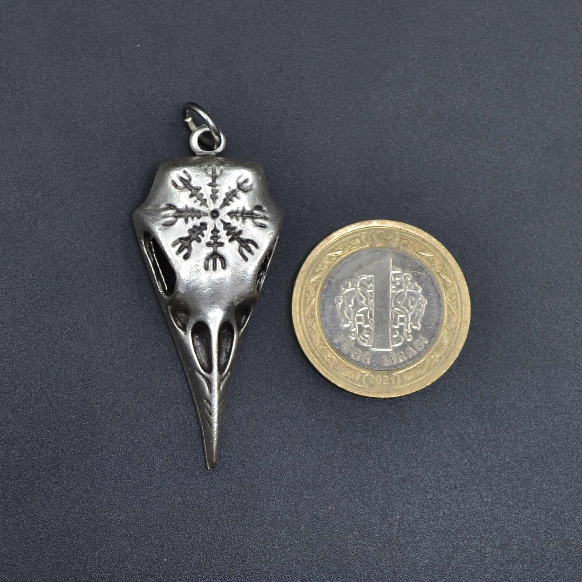 Kuzgun Kafatası - Vegvisir Kolye Ucu - Gümüş ( Silver ) Renk
