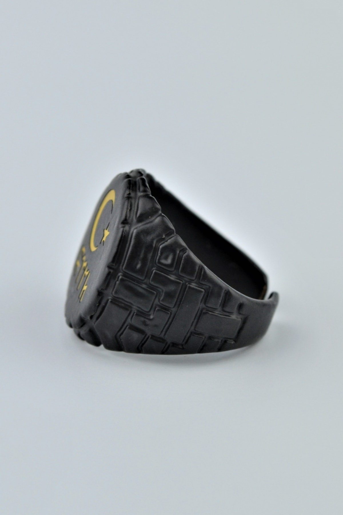 Ay Yıldız Göktürkçe Türk Yuvarlak Şovalye Mat Siyah Ayarlamalı Erkek Yüzük