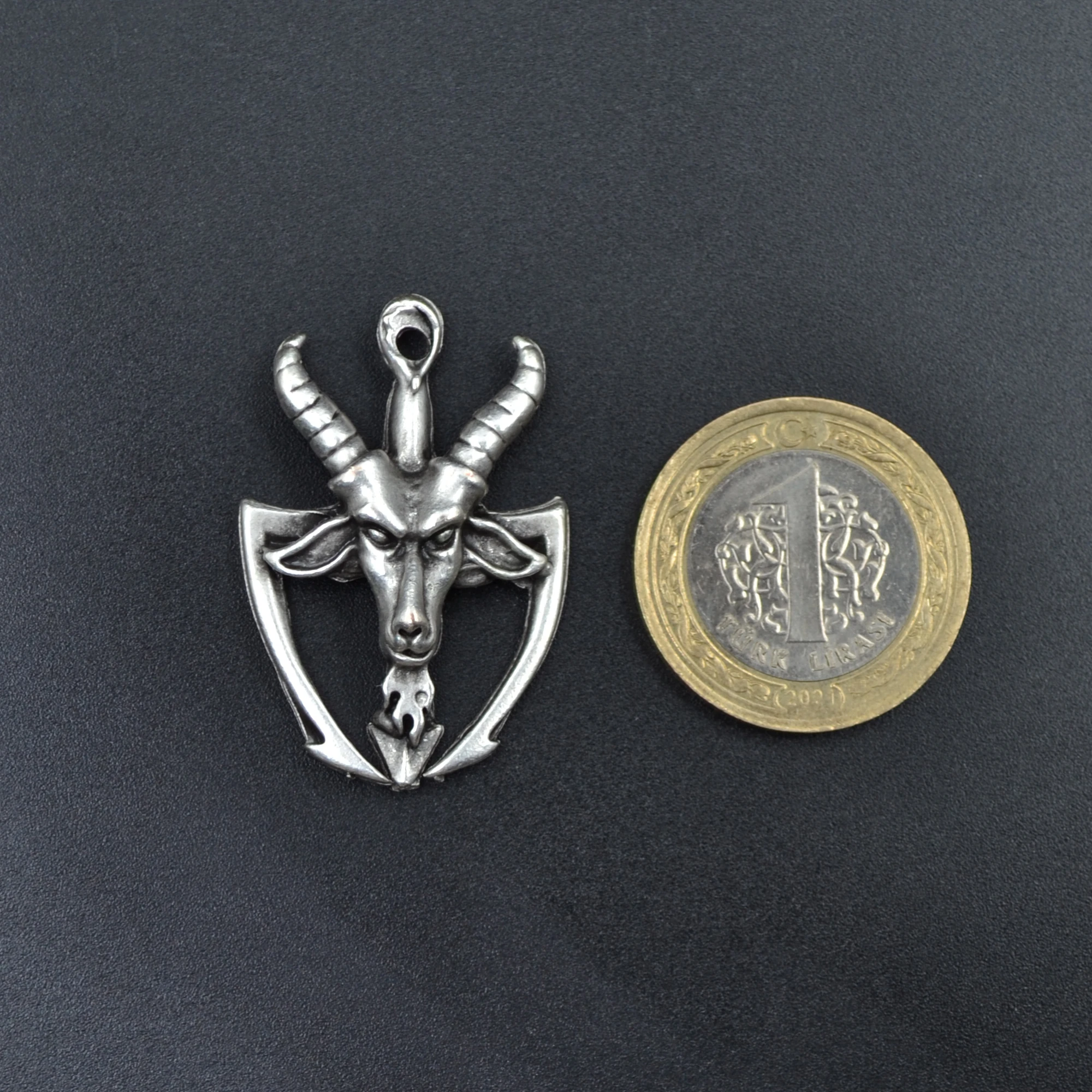 Pagan - Keçi Şeytan Kolye - Gümüş ( Silver ) Renk - 60 cm Deri İp Kolye