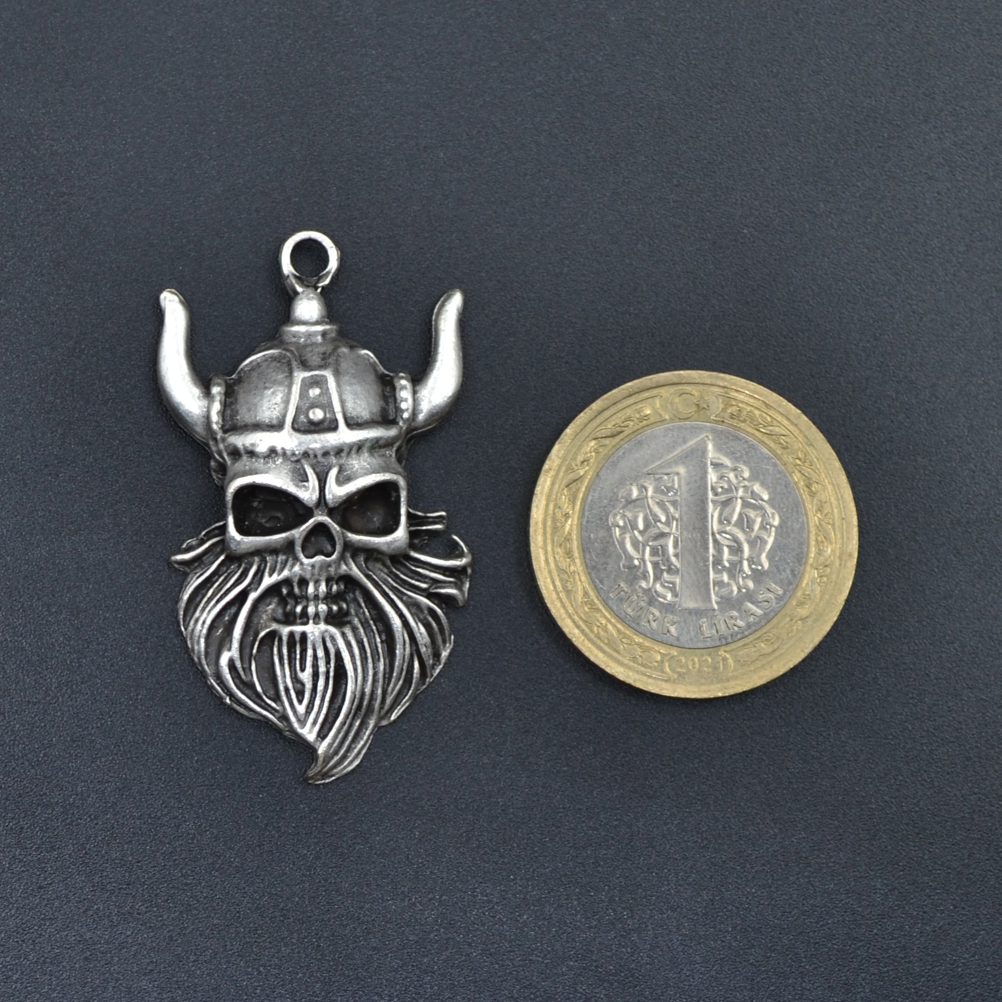 Viking Sakallı Kuru Kafa Kolye - Gümüş ( Silver ) Renk - 60 cm Düz Ezme Zincir Kolye