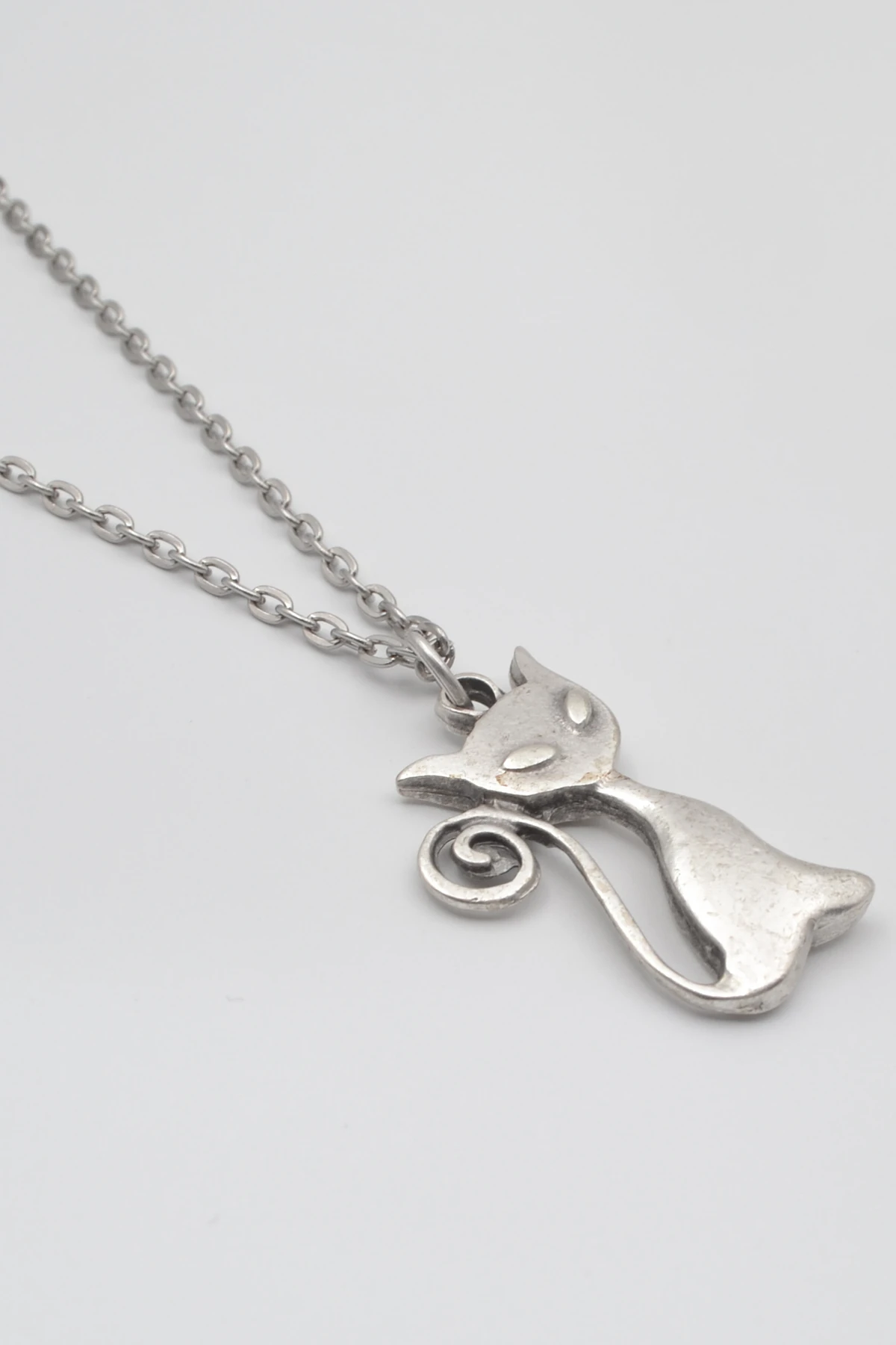 Mistik Kedi Düz Ezme Zincir Kolye - Antik Gümüş Kaplama - Kadın Erkek - 60 cm