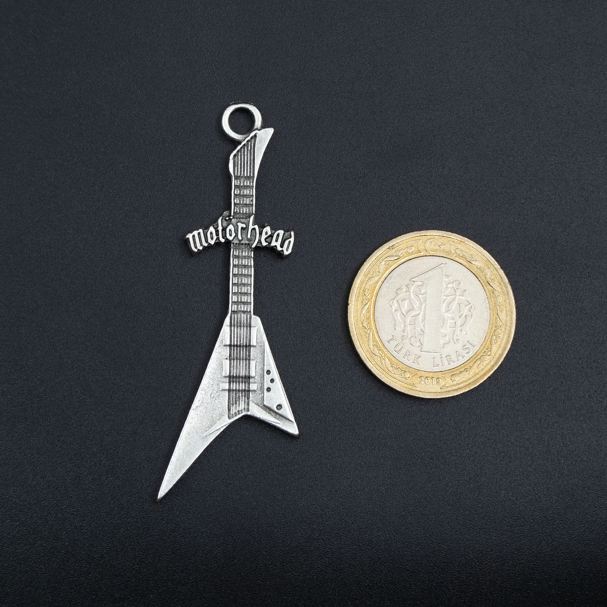 Motorhead Elektro Gitar Kolye - Gümüş ( Silver ) Renk - 60 cm Düz Ezme Zincir Kolye