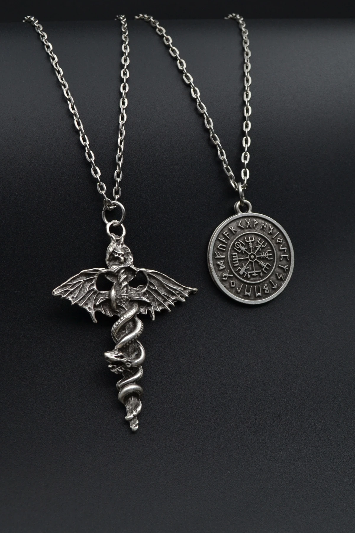 2'li Kılıç Yarasa Yılan - Viking Pusula Erkek Kadın Kolye Seti