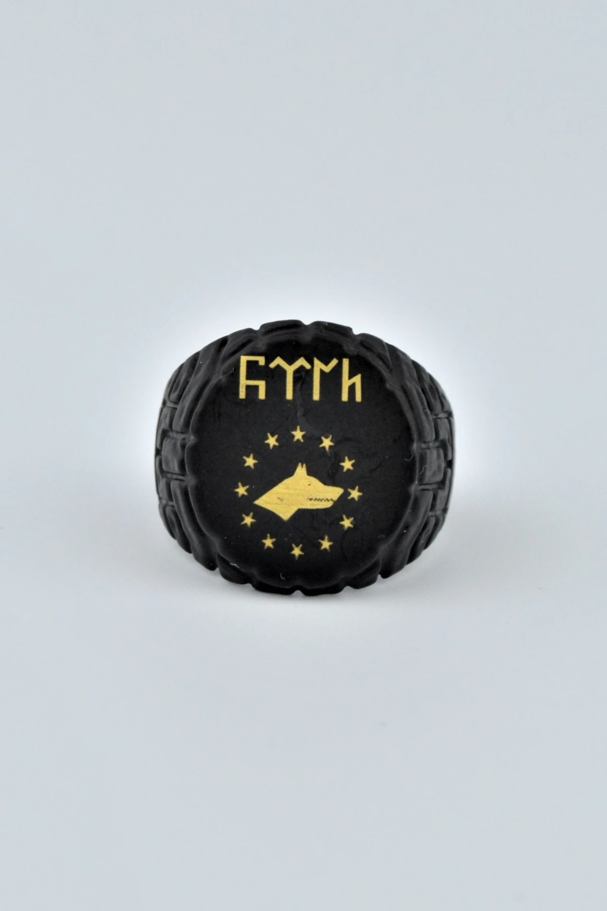 Eski Türkçe Türk Uluyan Kurt Yuvarlak Mat Siyah Ayarlamalı Erkek Yüzük