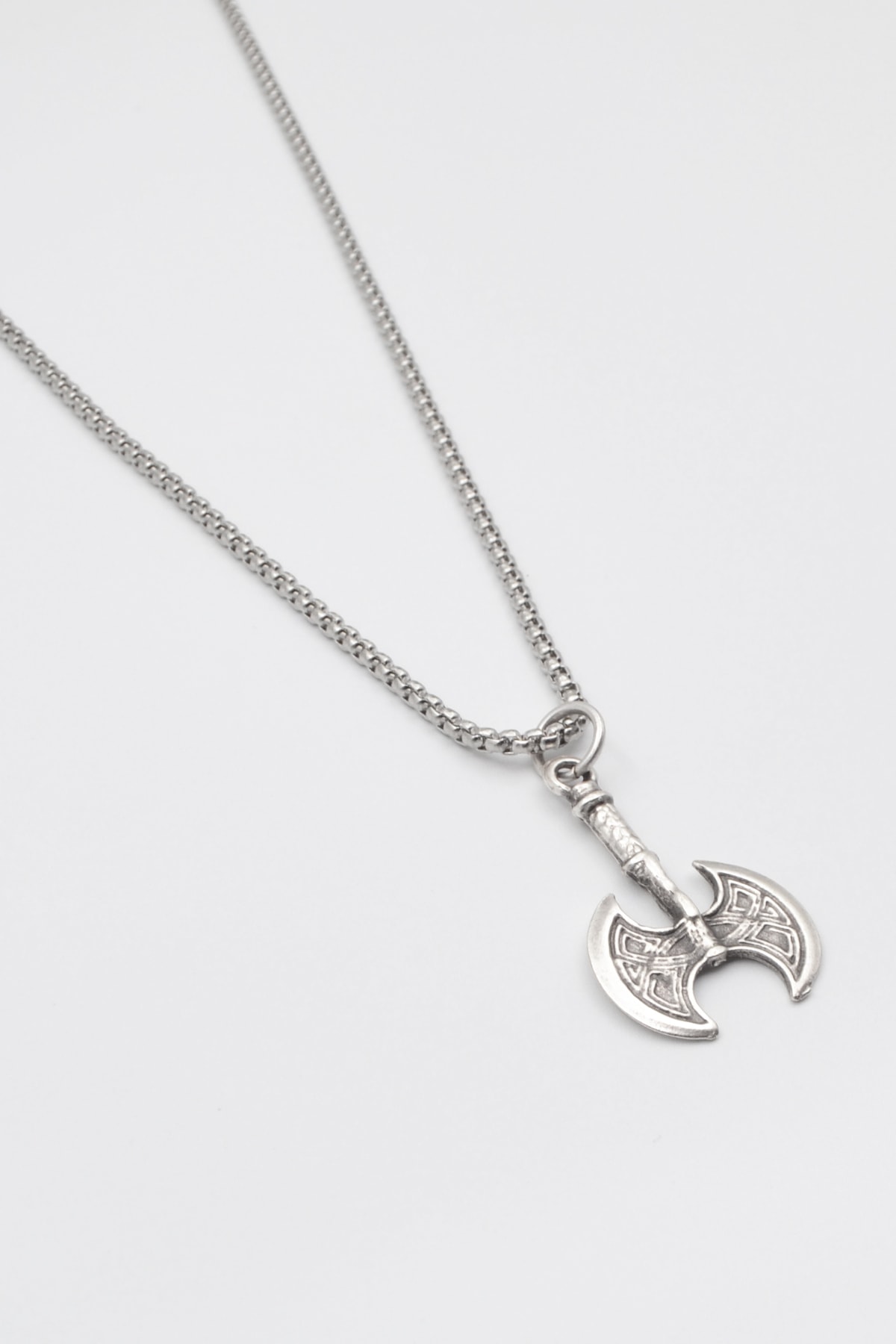 Viking Çift Başlı Balta Kolye - Gümüş ( Silver ) Renk - 60 cm Örme Zincir Kolye