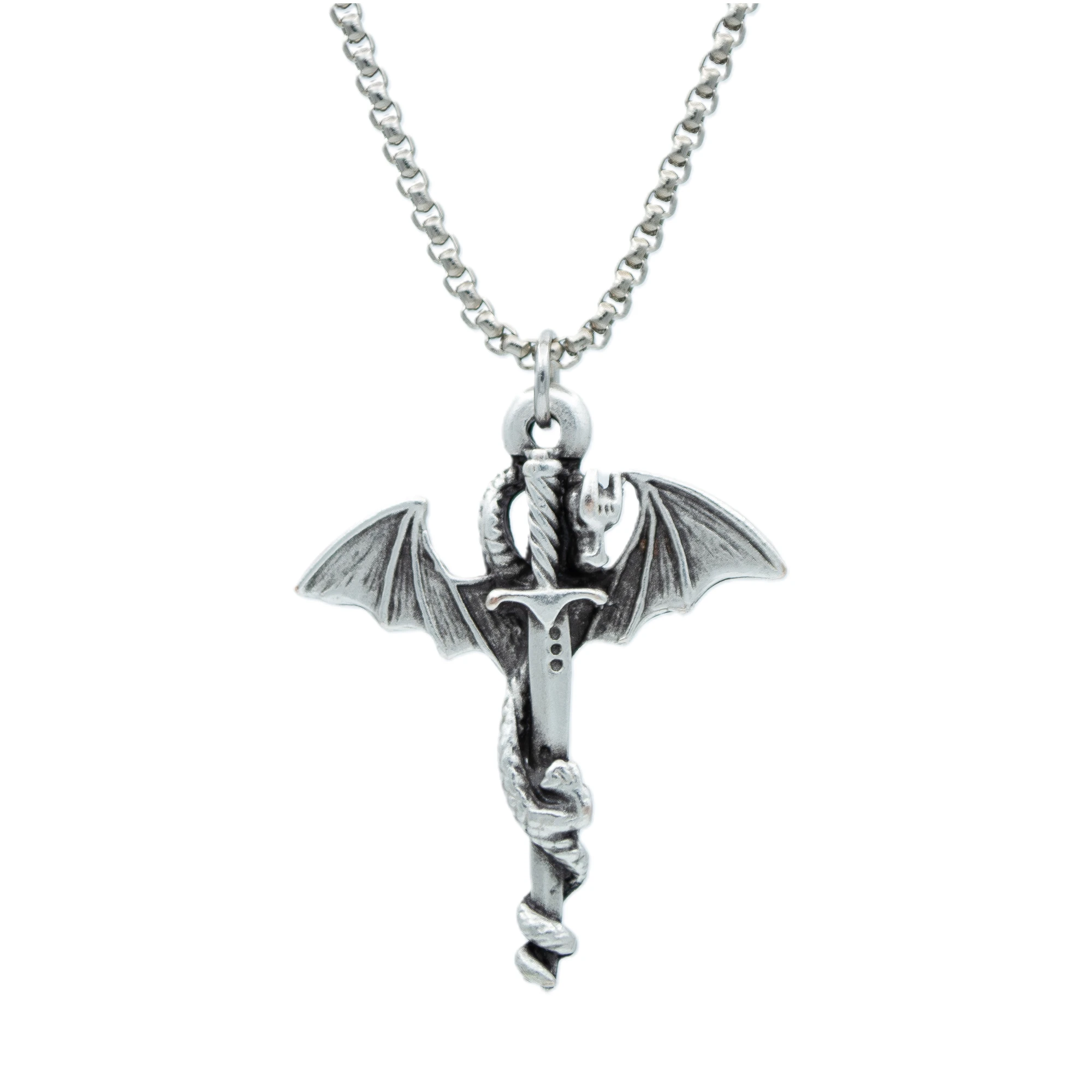 Ejderha Kılıç Kolye - Gümüş ( Silver ) Renk - 60 cm Örme Zincir Kolye